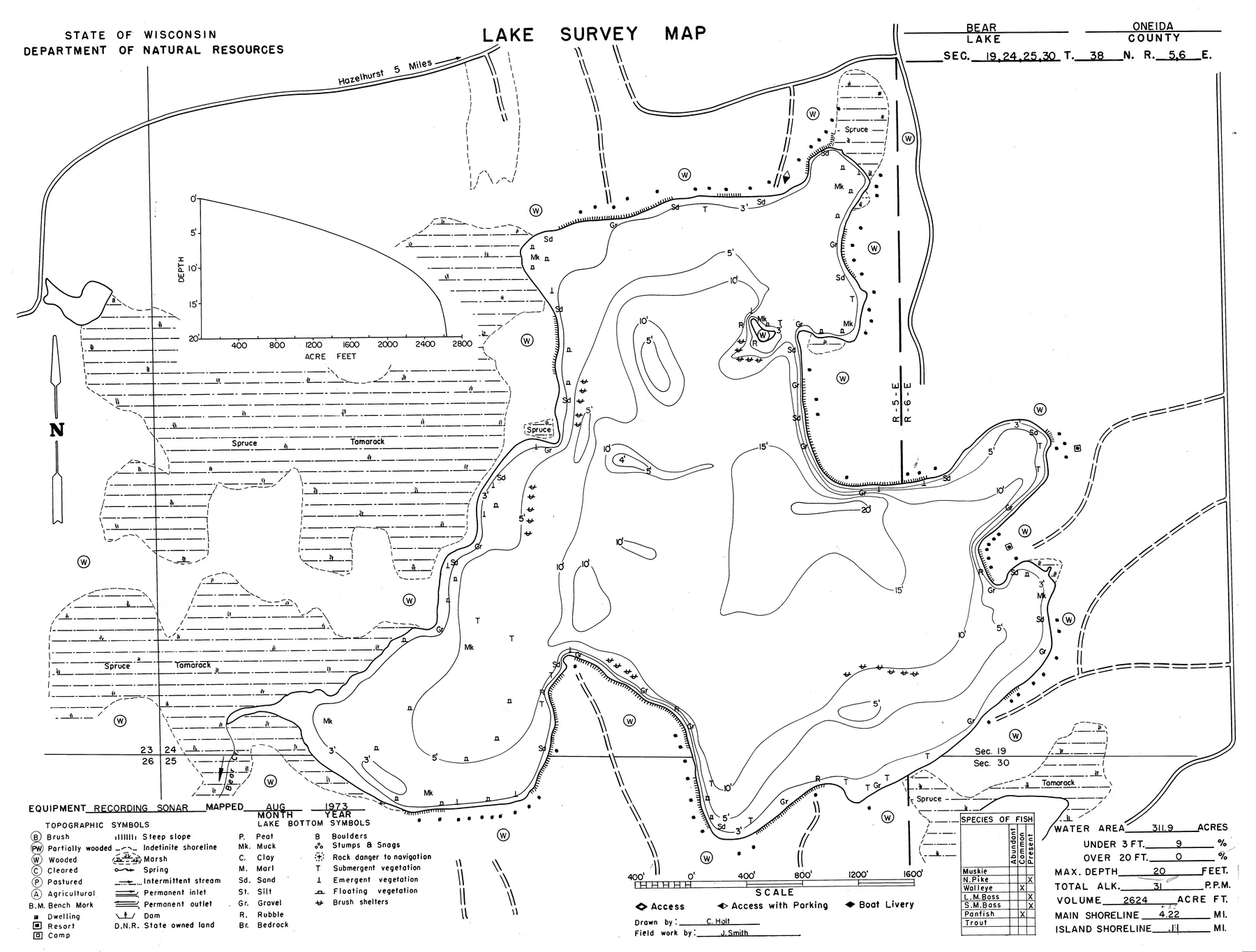 Bear Lake historical Wisconsin DNR depth map sheet 1