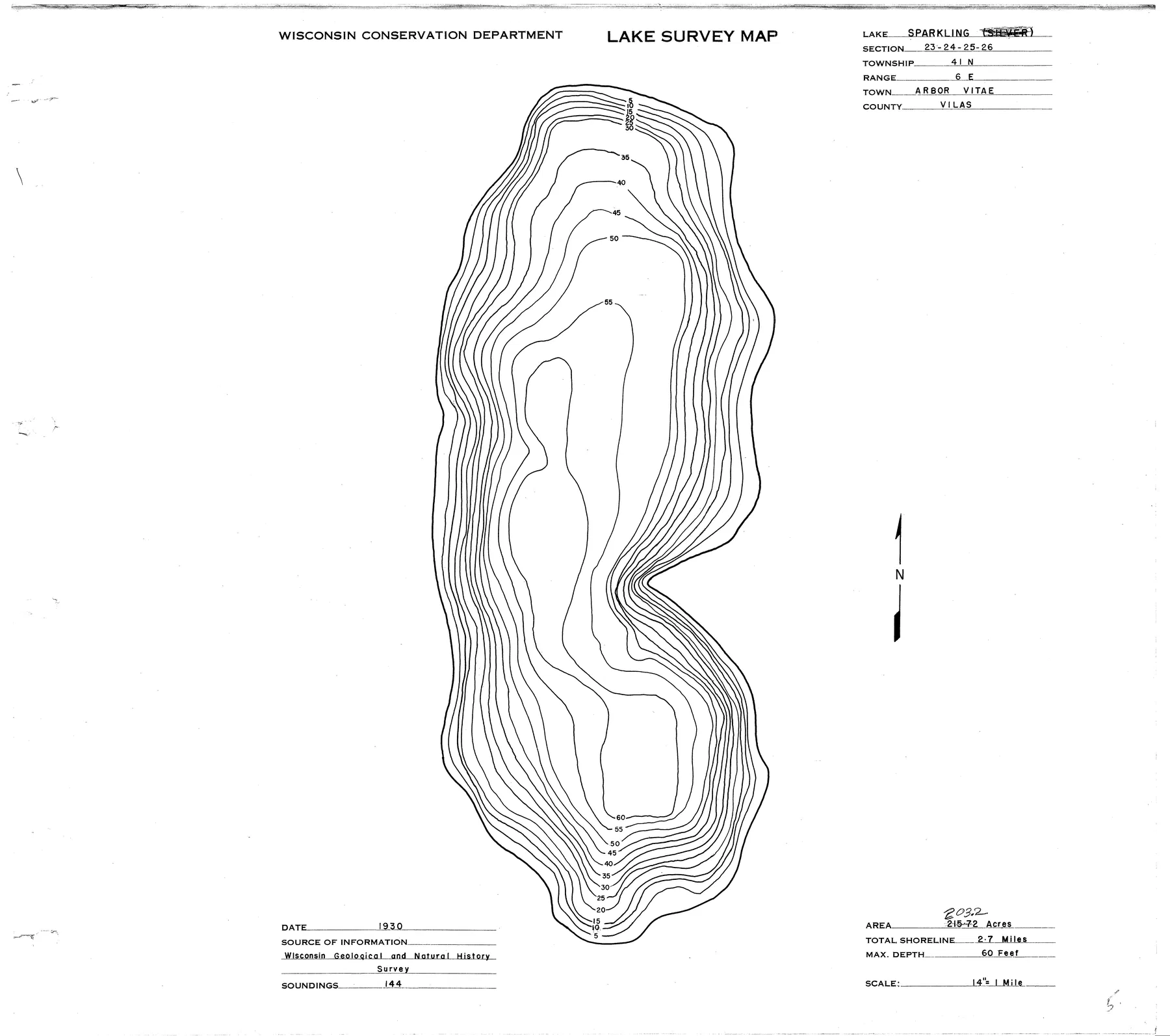 Sparkling Lake historical Wisconsin DNR depth map sheet 1