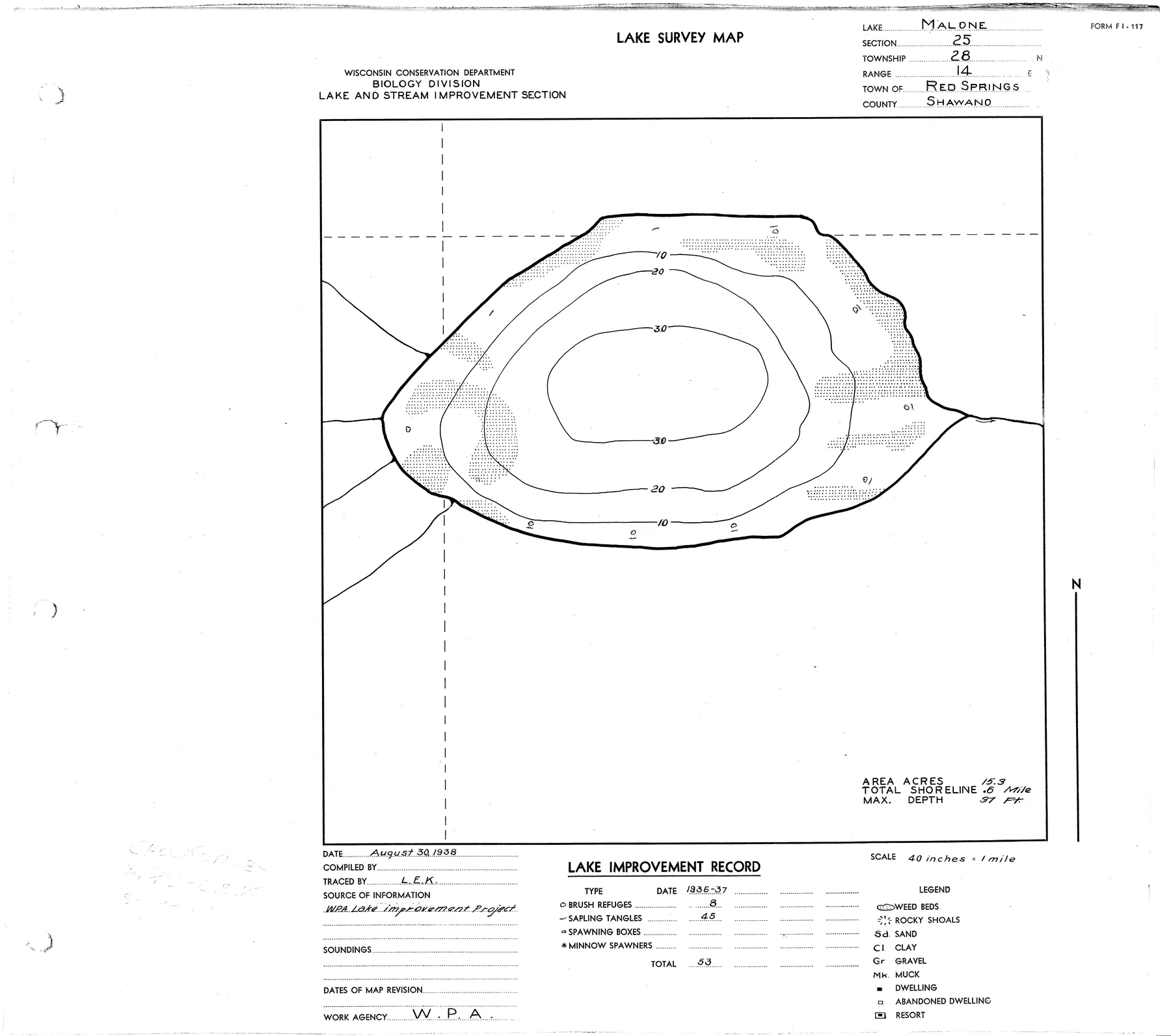 Malone Lake historical Wisconsin DNR depth map sheet 1