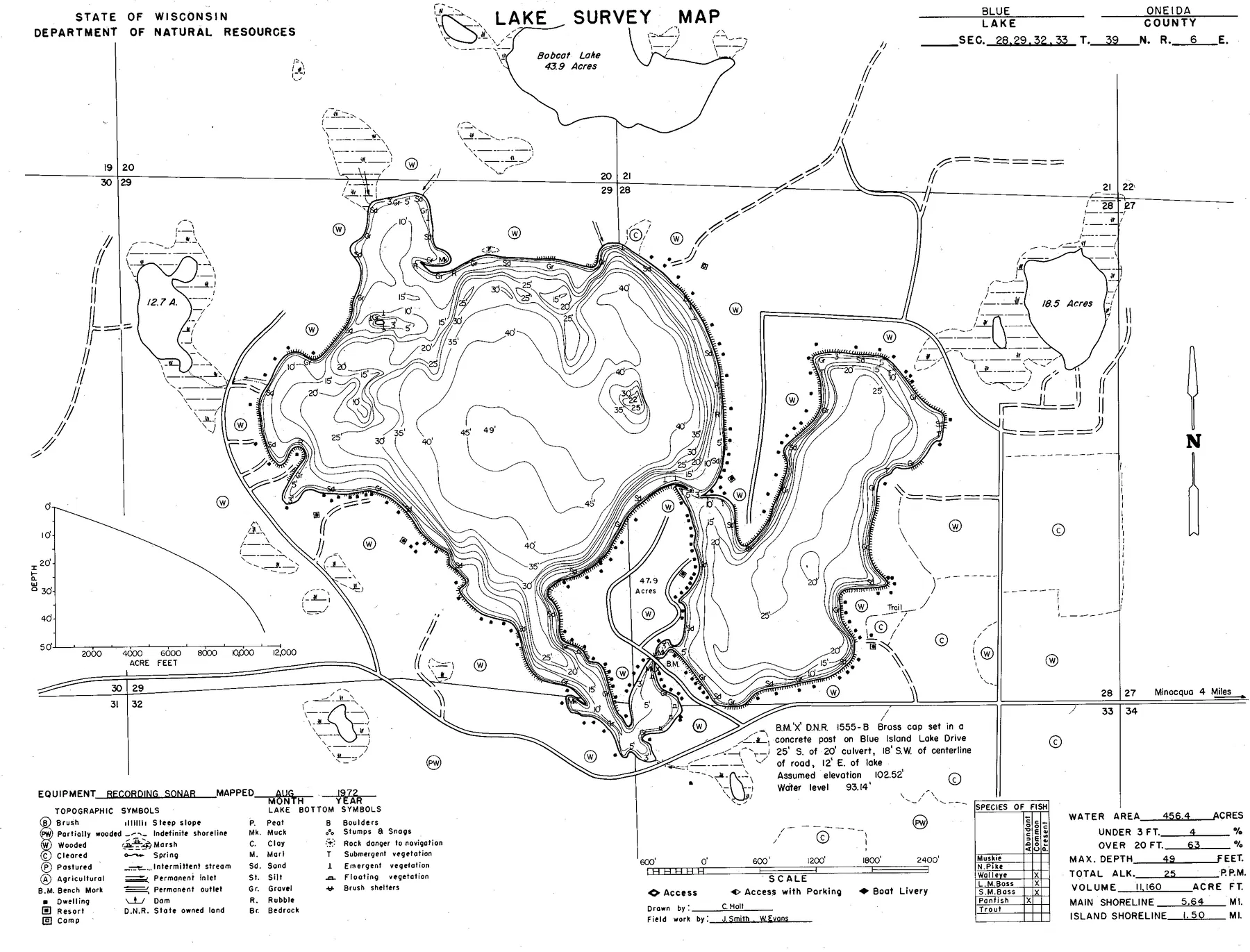 Blue Lake historical Wisconsin DNR depth map sheet 1