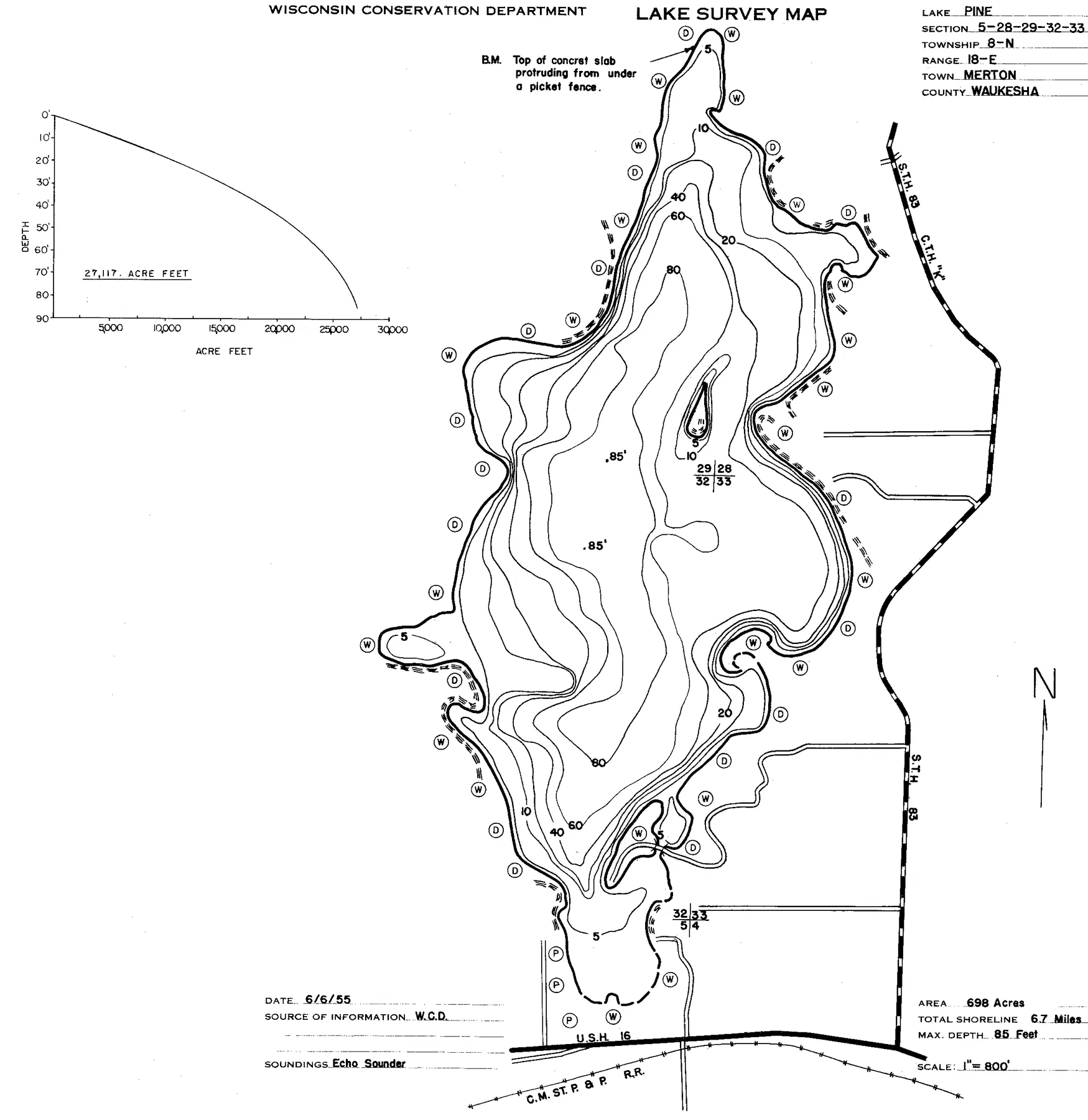 Pine Lake historical Wisconsin DNR depth map sheet 1