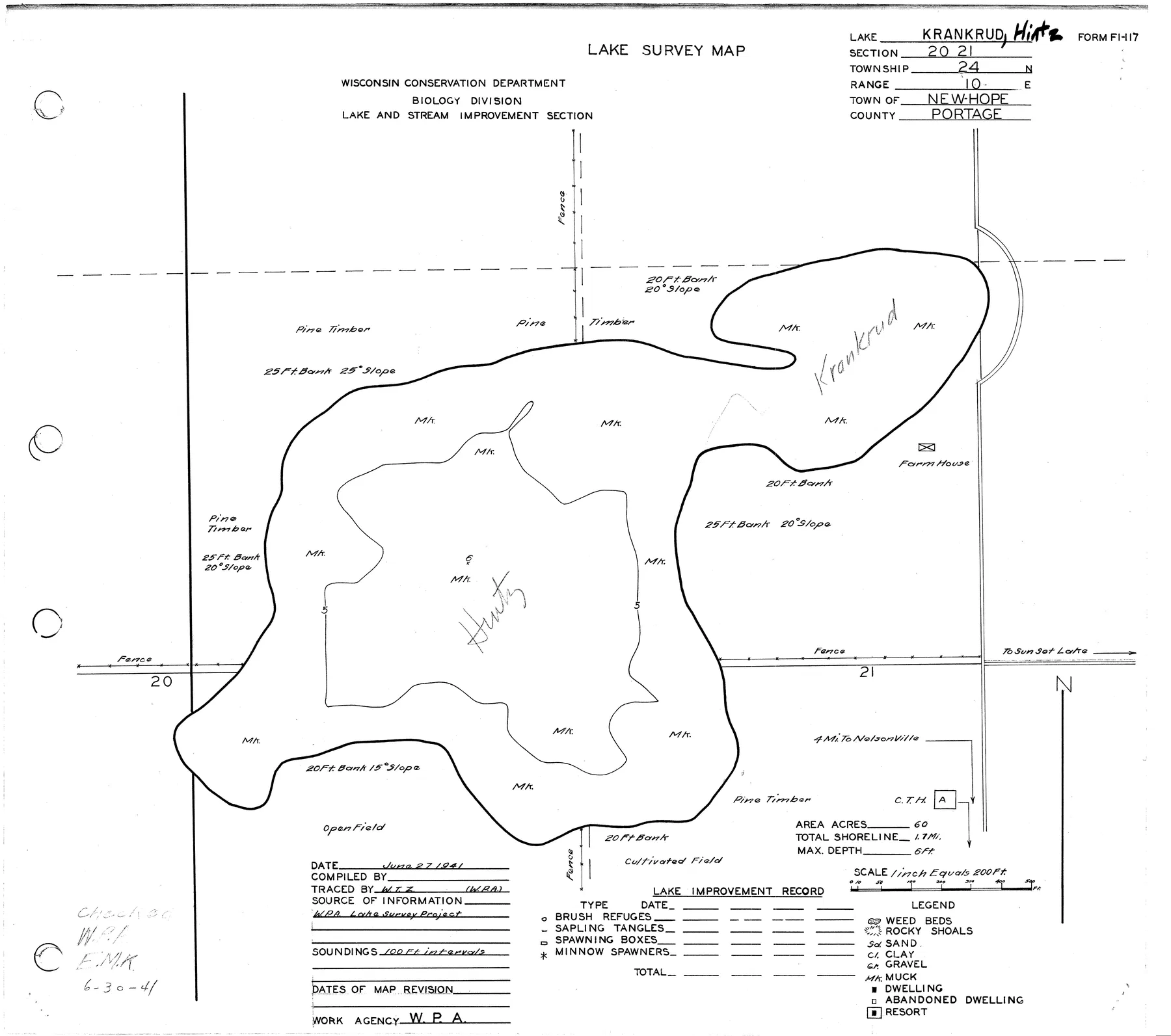 Hintz Lake historical Wisconsin DNR depth map sheet 1