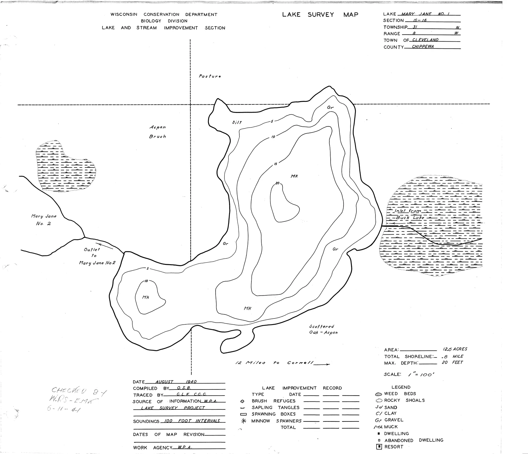 Mary Jane Lake historical Wisconsin DNR depth map sheet 1