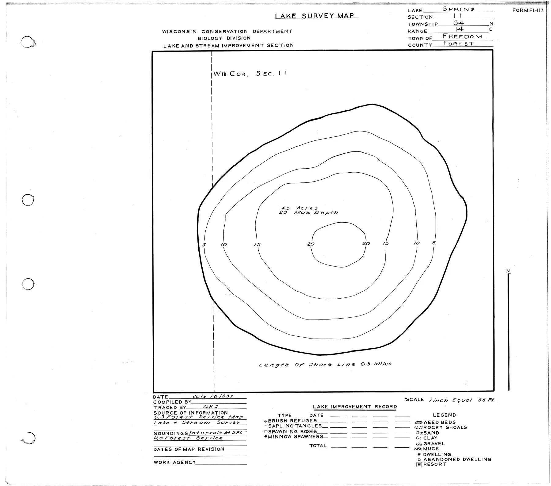 Spring Lake historical Wisconsin DNR depth map sheet 1