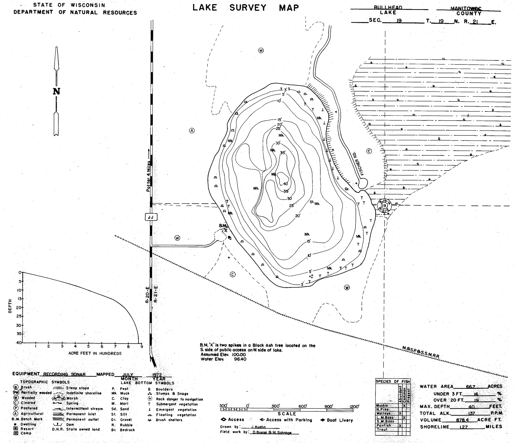 Bullhead Lake historical Wisconsin DNR depth map sheet 1