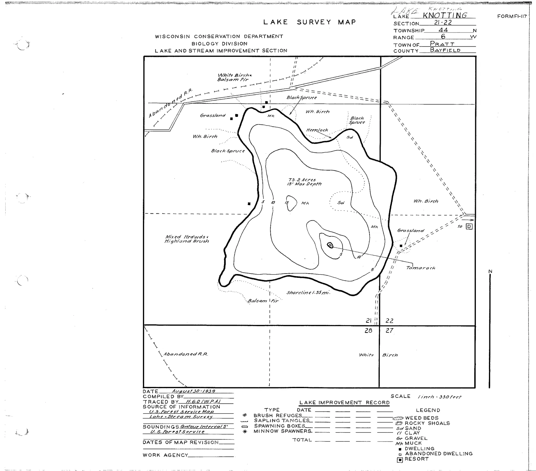 Lake Knotting historical Wisconsin DNR depth map sheet 1