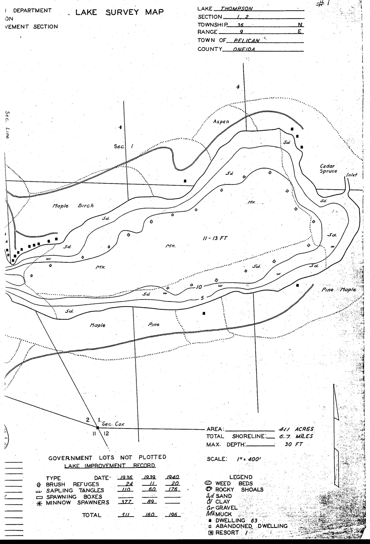 Lake Thompson historical Wisconsin DNR depth map sheet 2