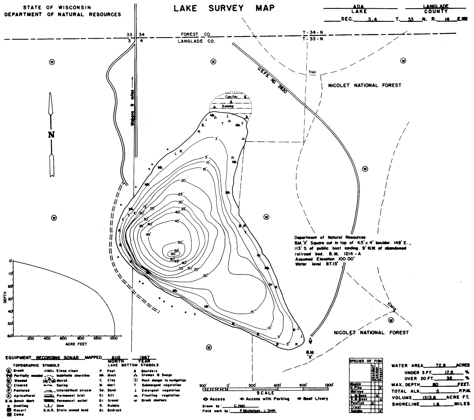 Ada Lake historical Wisconsin DNR depth map sheet 1