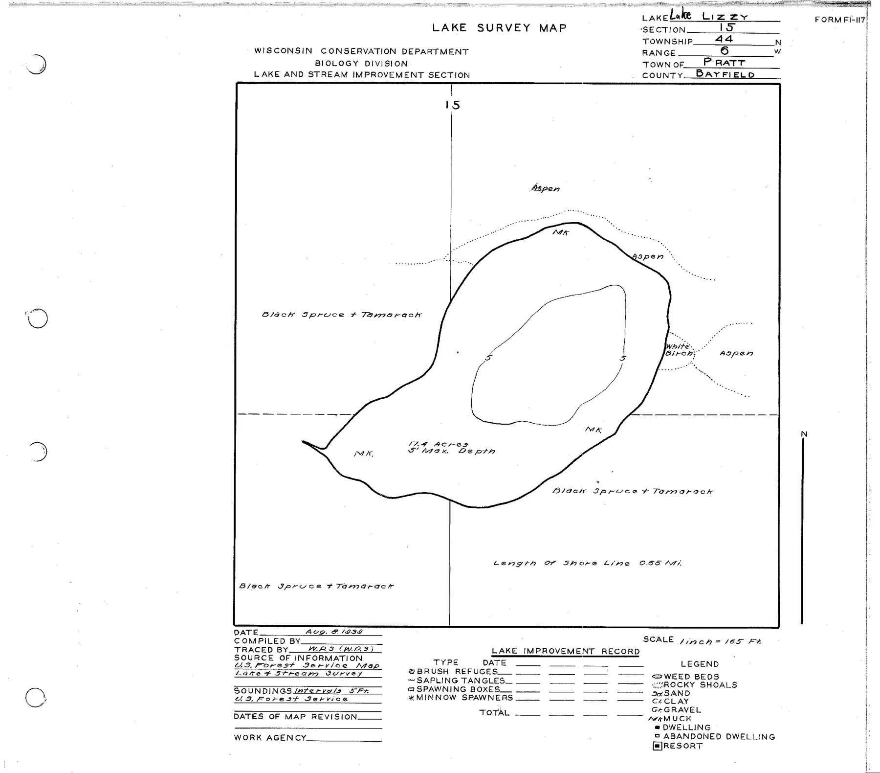 Lake Lizzie historical Wisconsin DNR depth map sheet 1