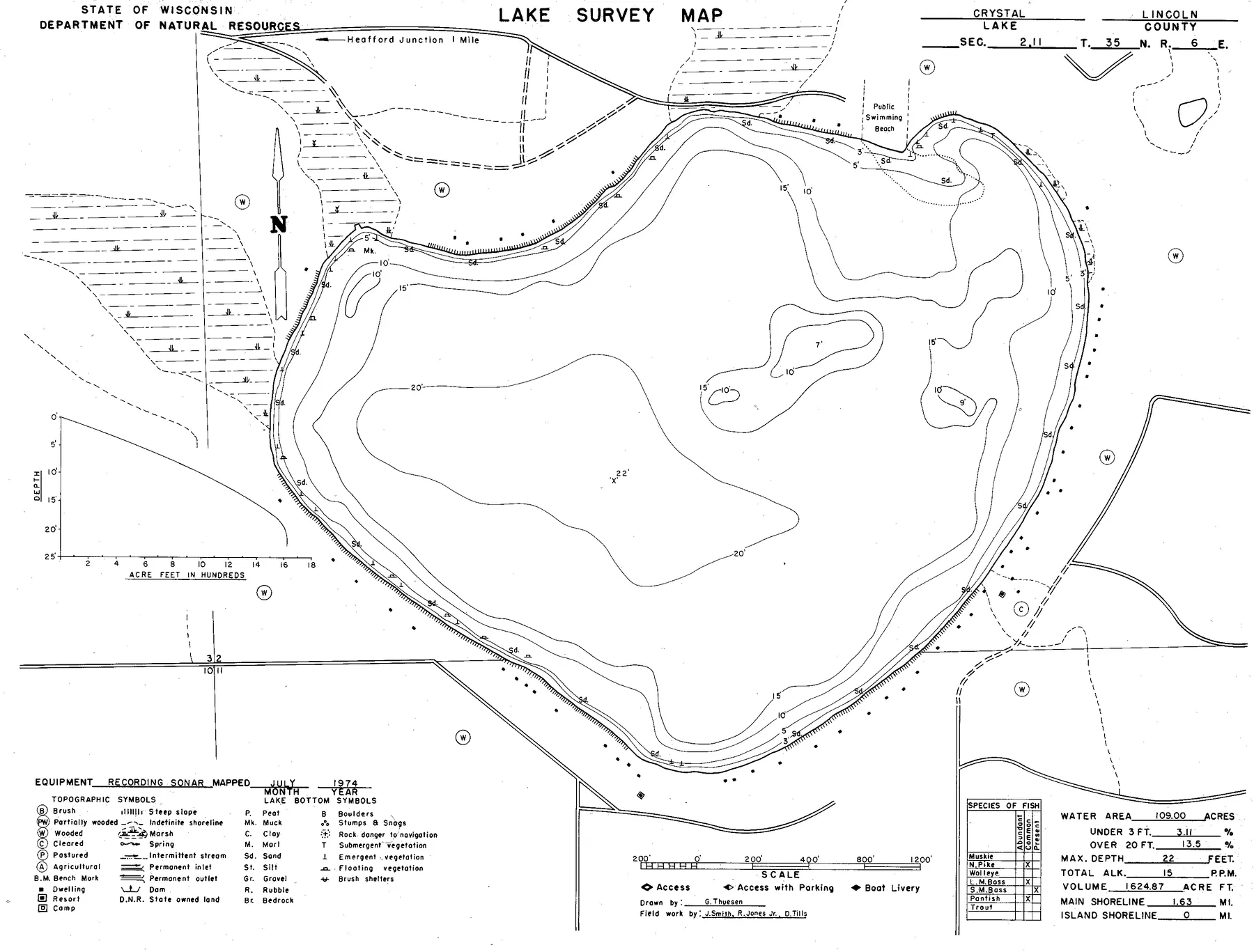 Crystal Lake historical Wisconsin DNR depth map sheet 1