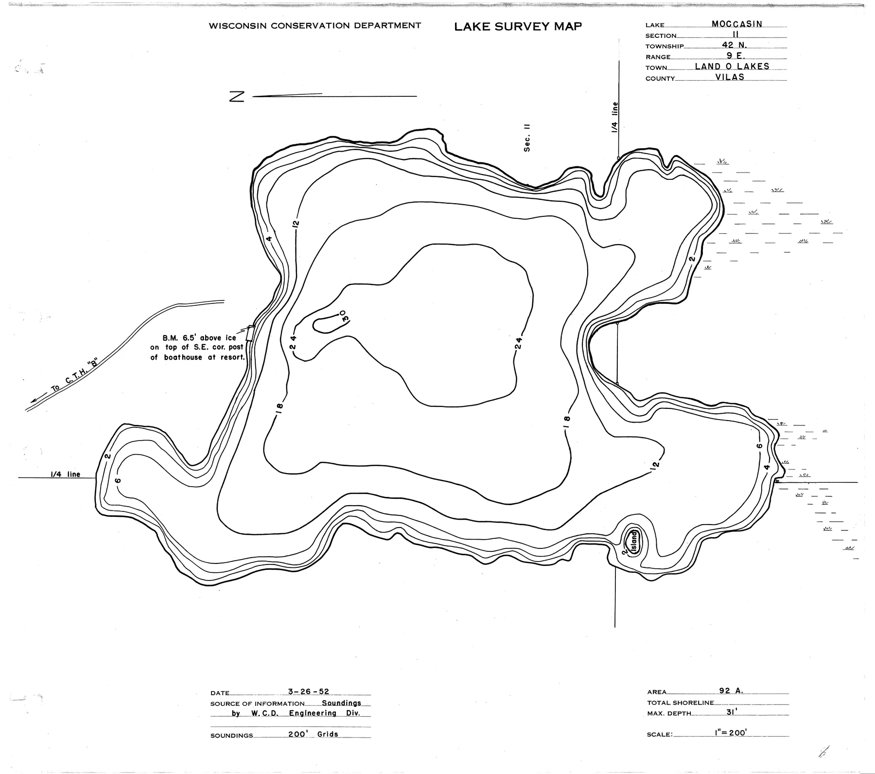 Moccasin Lake historical Wisconsin DNR depth map sheet 1