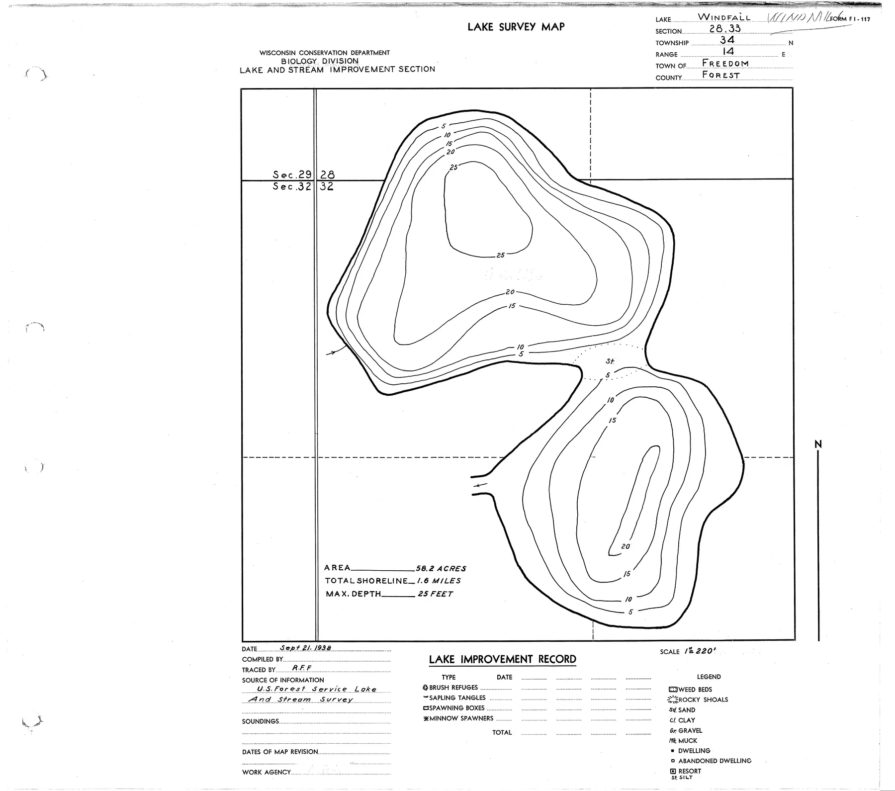 Windfall Lake historical Wisconsin DNR depth map sheet 1