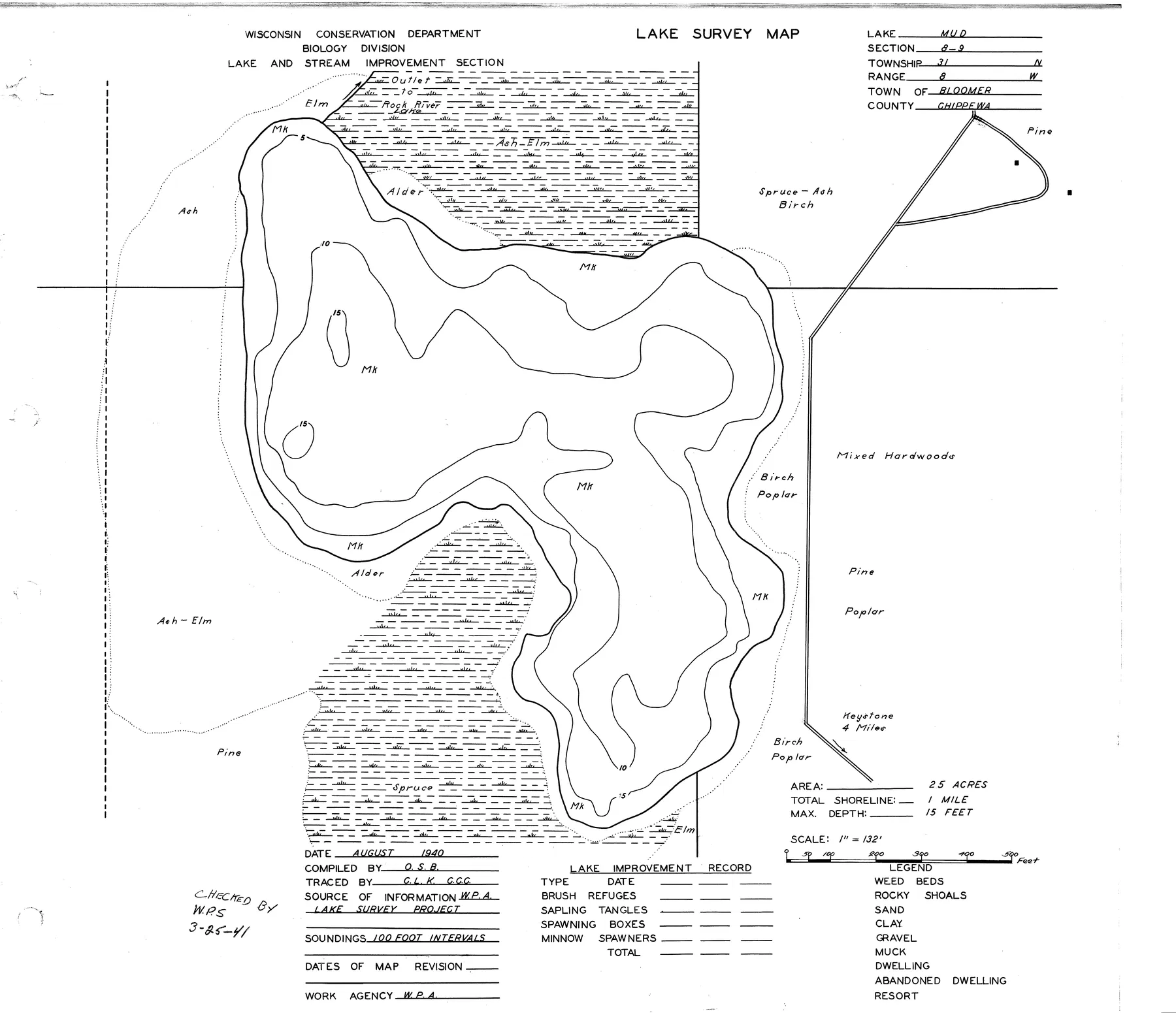 Mud Lake historical Wisconsin DNR depth map sheet 1