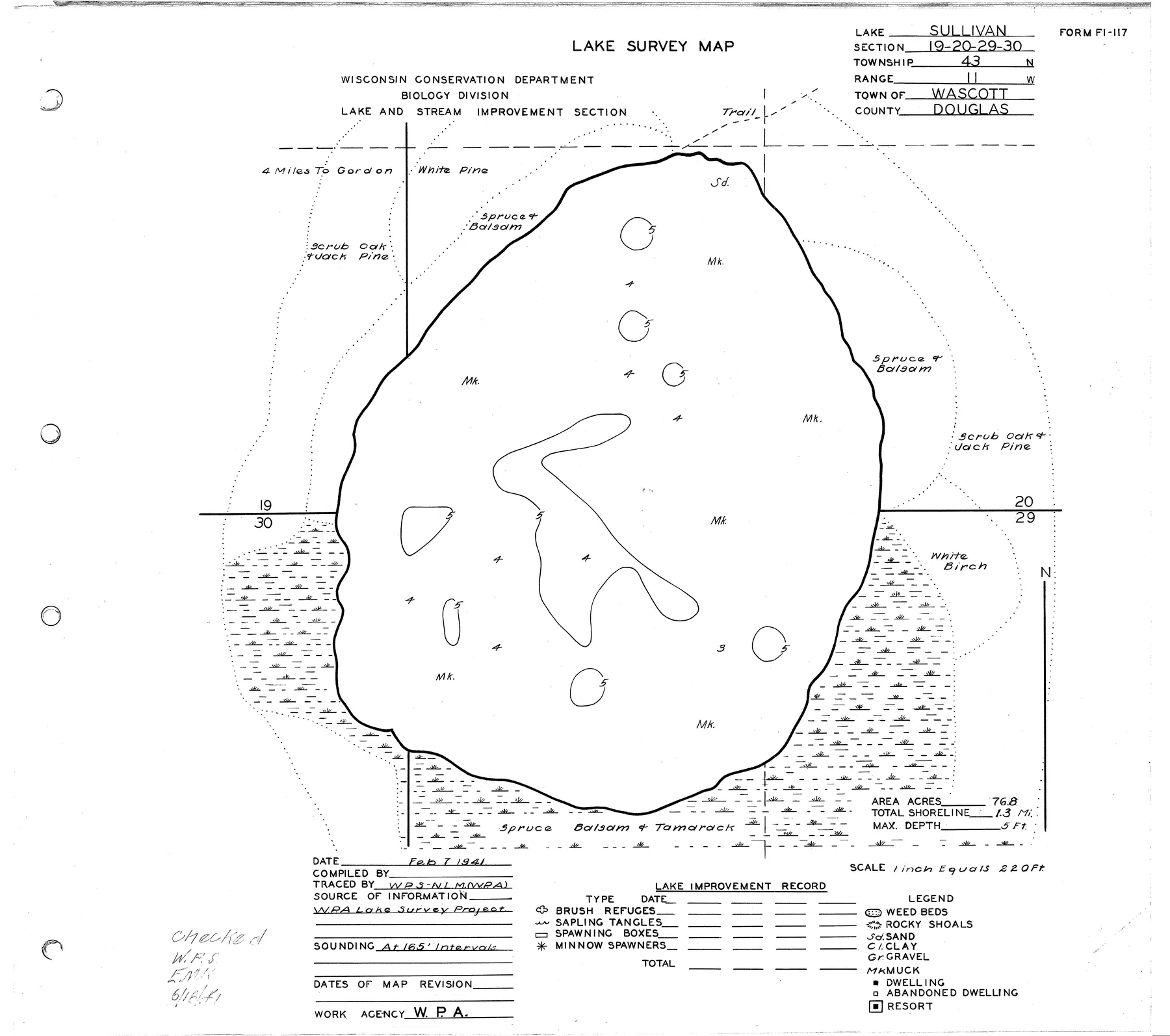 Sullivan Lake historical Wisconsin DNR depth map sheet 1
