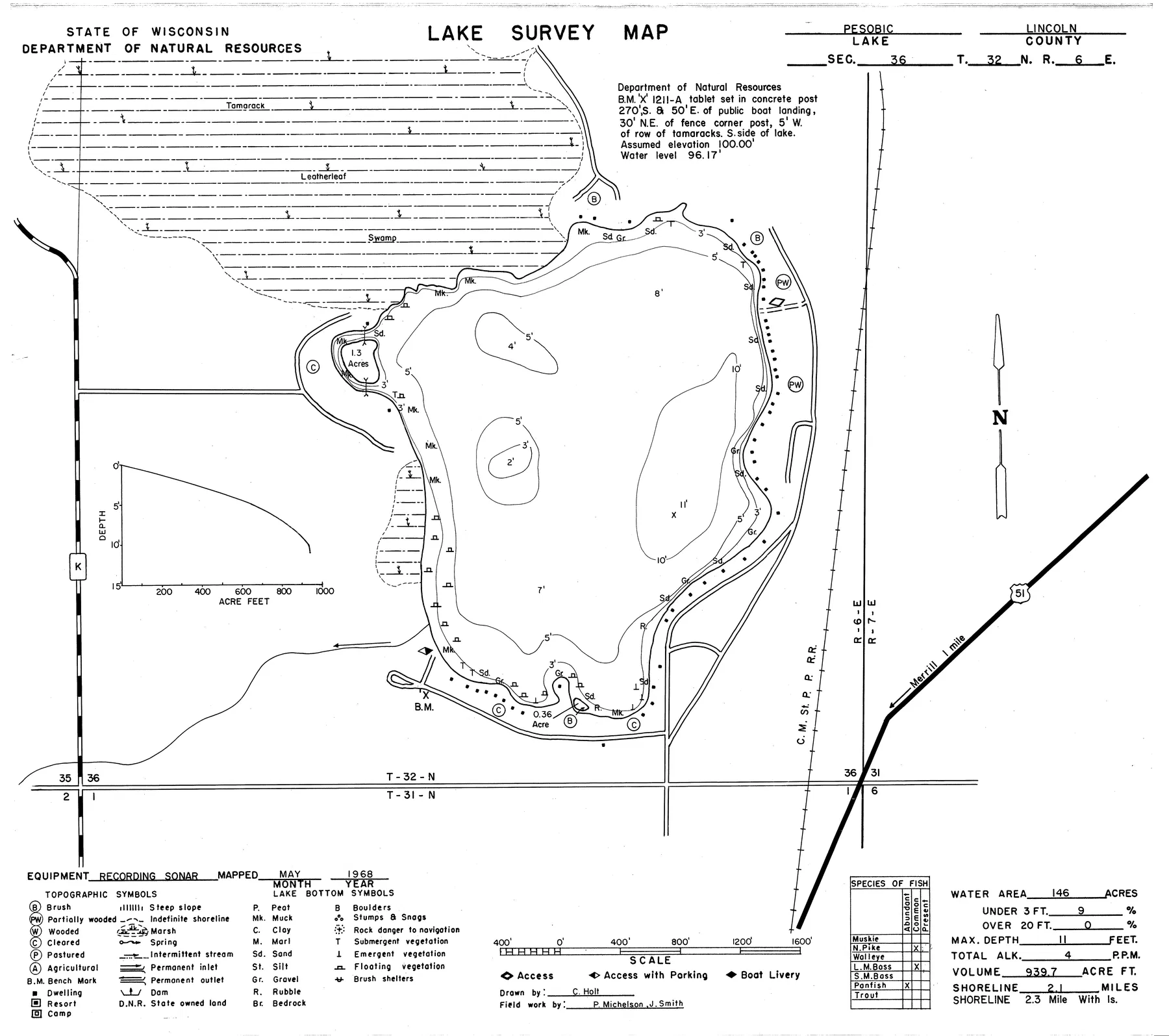 Lake Pesobic historical Wisconsin DNR depth map sheet 1