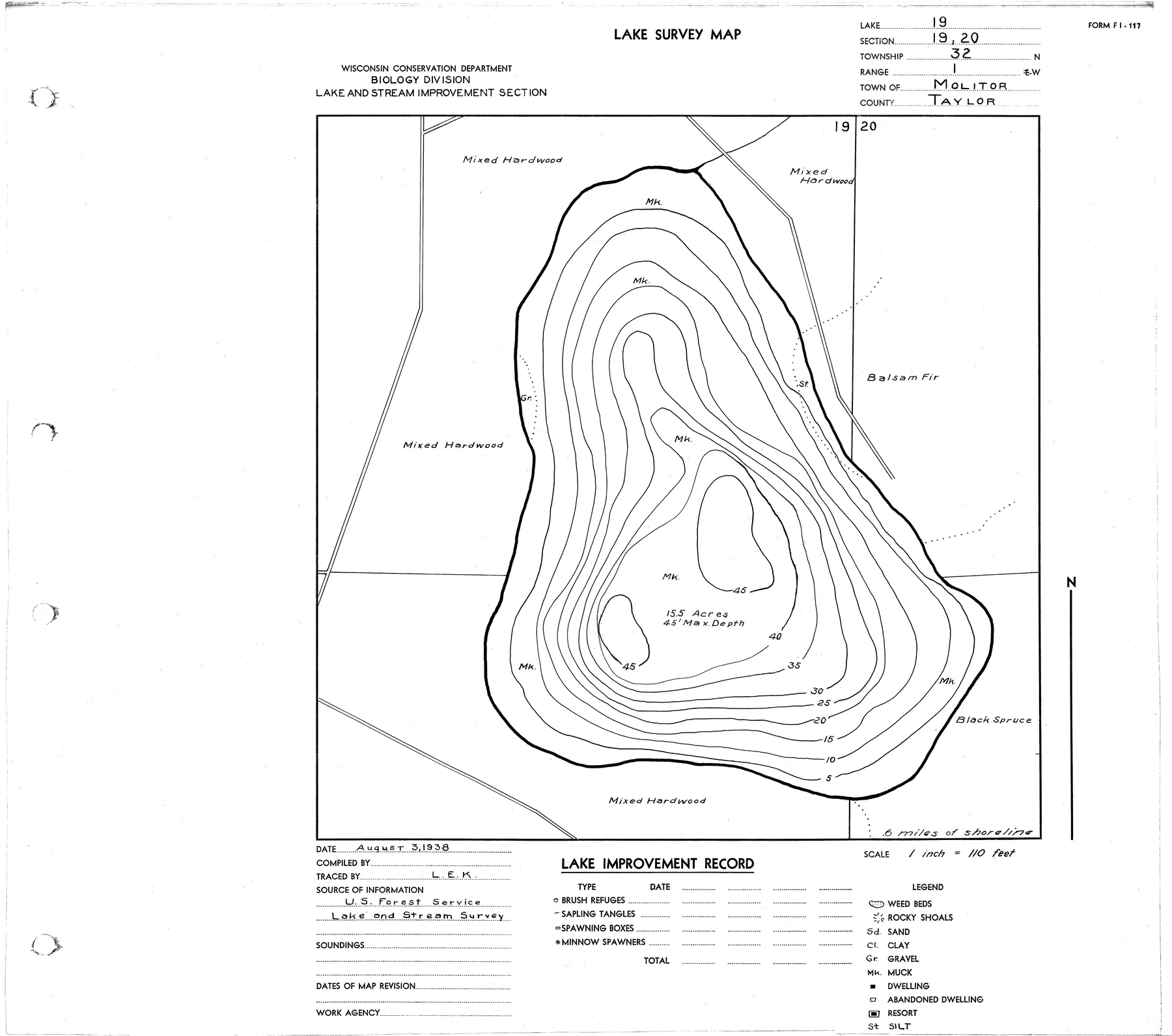 Lake Nineteen historical Wisconsin DNR depth map sheet 1