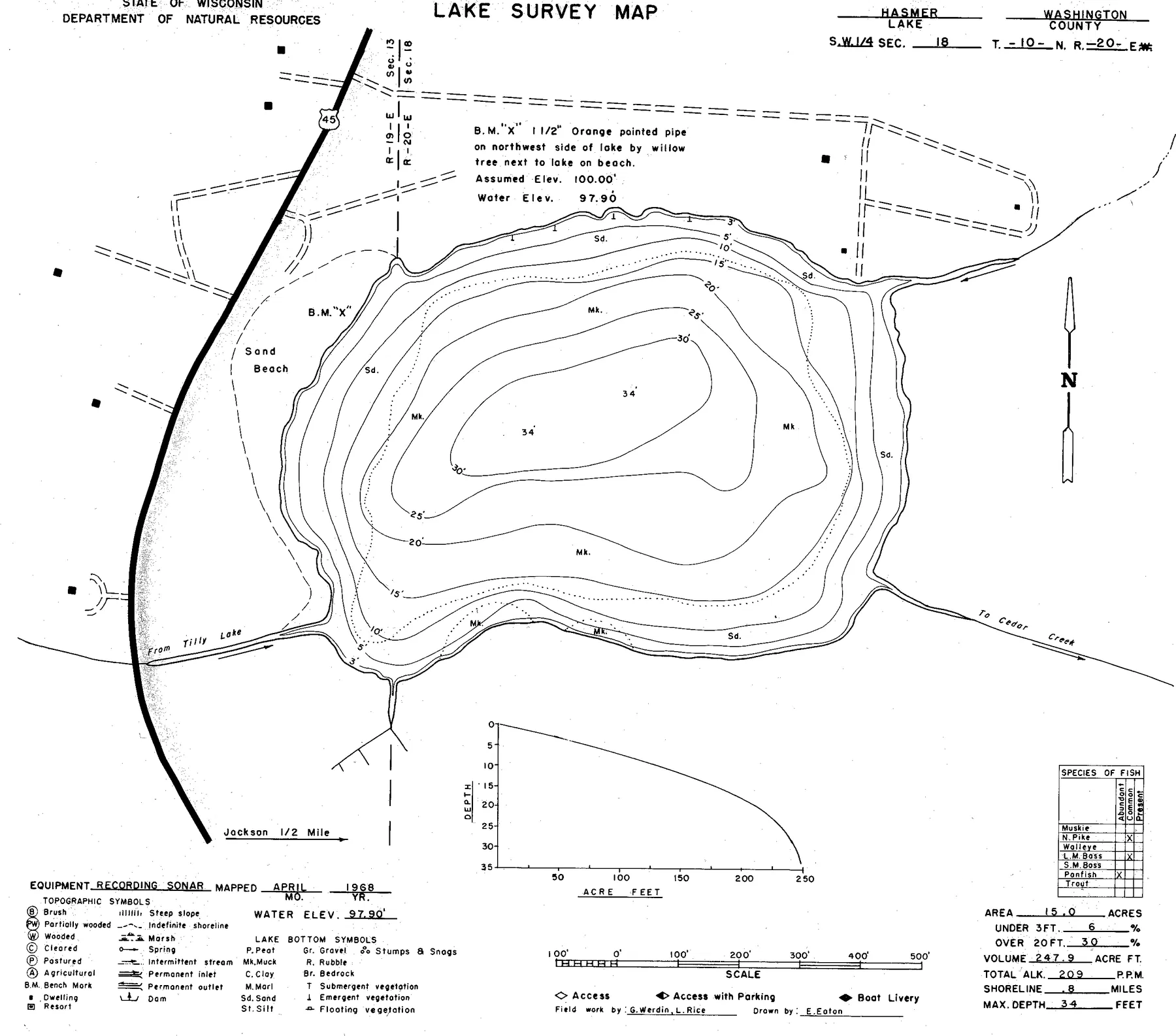 Hasmer Lake historical Wisconsin DNR depth map sheet 1