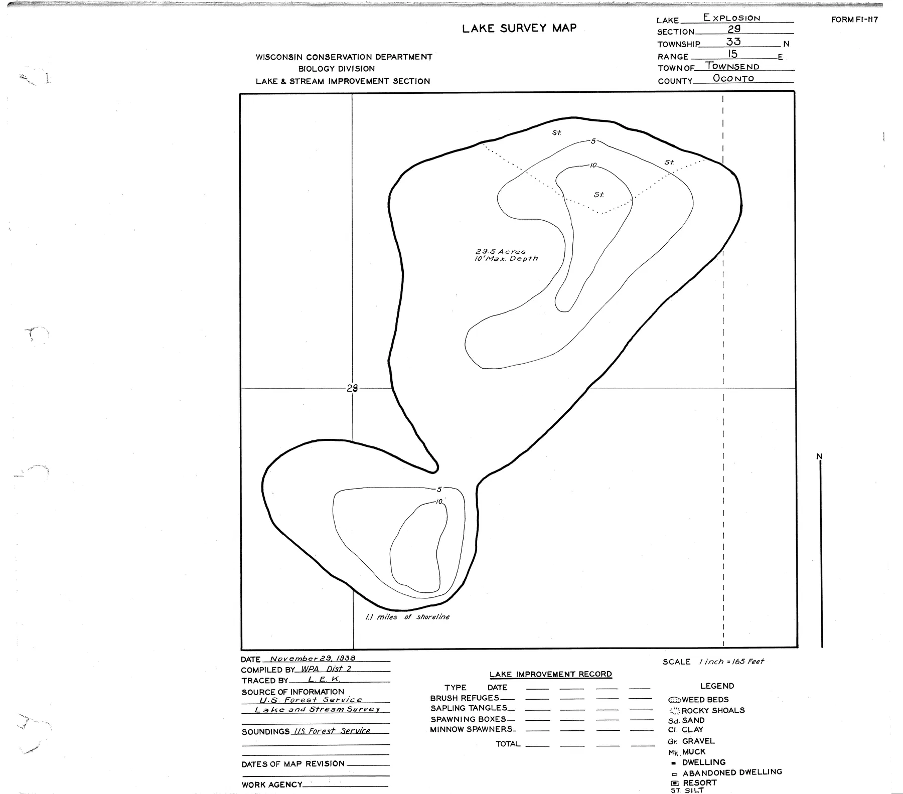 Explosion Lake historical Wisconsin DNR depth map sheet 1