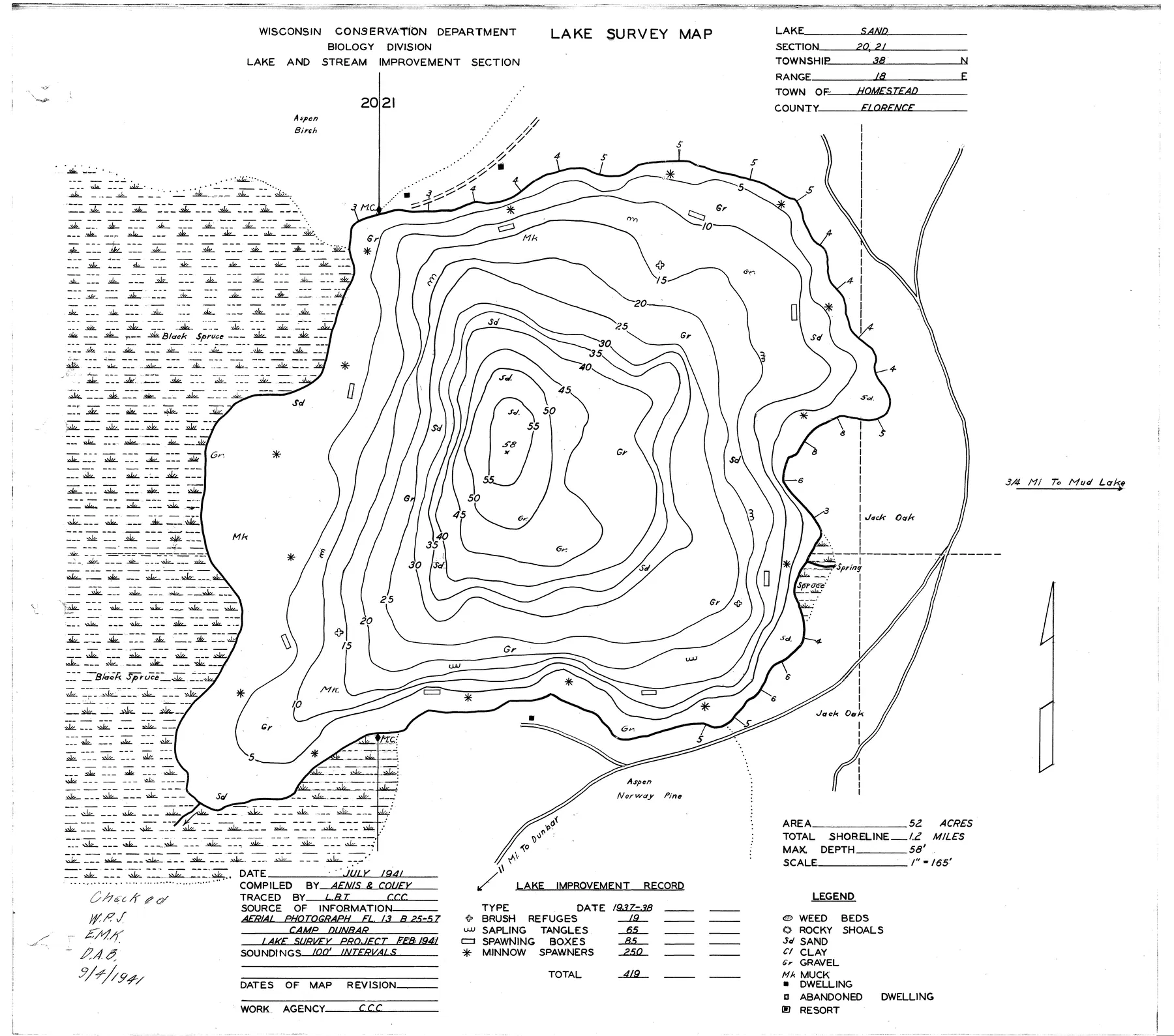 Sand Lake historical Wisconsin DNR depth map sheet 1