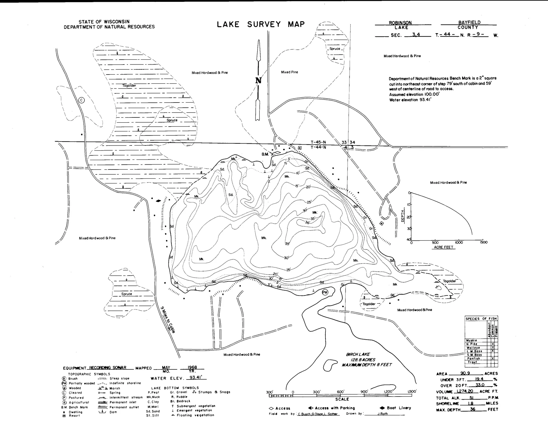 Robinson Lake historical Wisconsin DNR depth map sheet 1