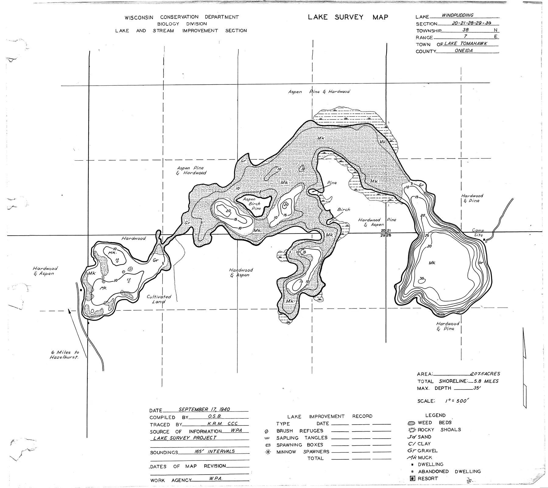 Wind Pudding Lake historical Wisconsin DNR depth map sheet 1
