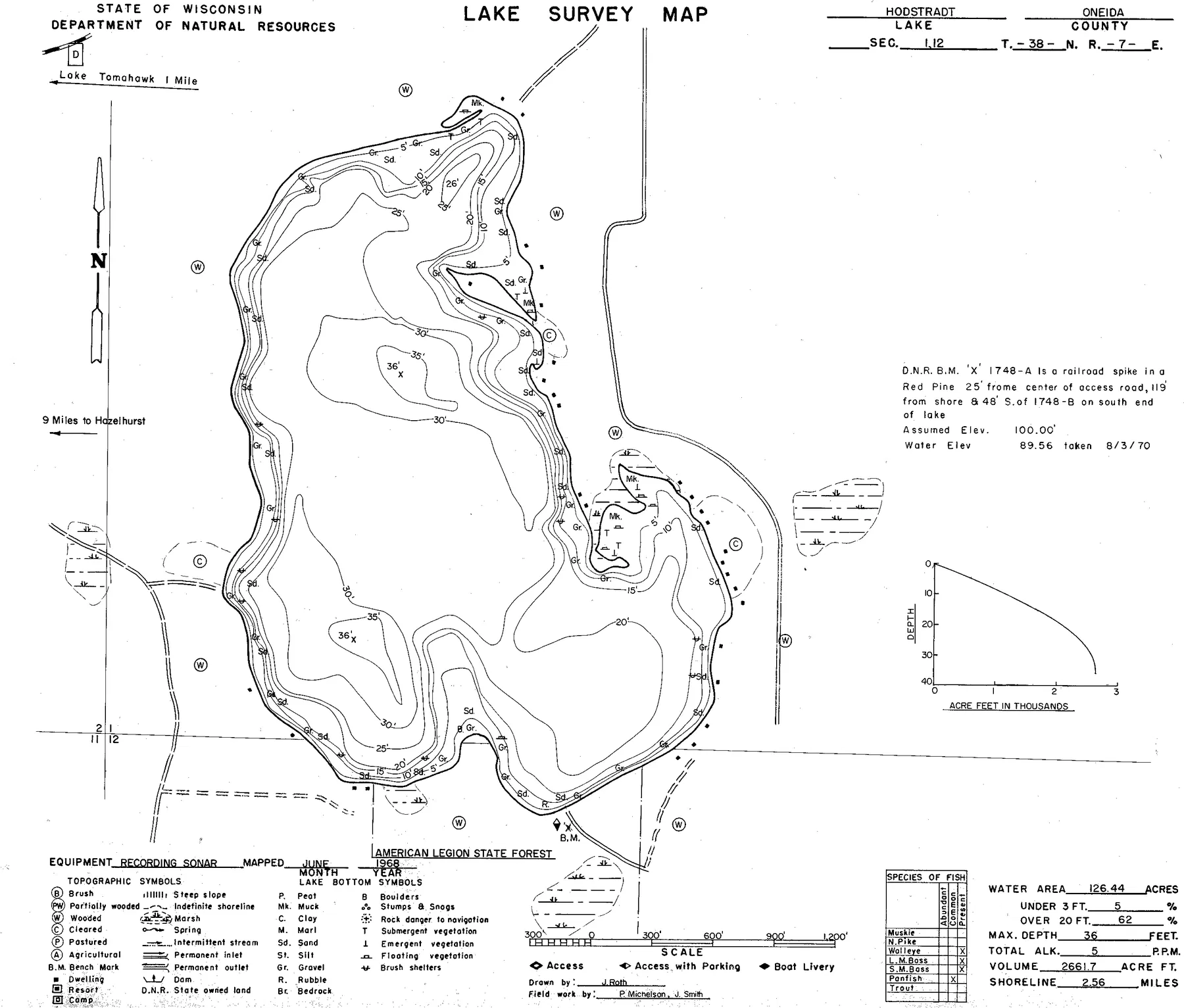 Hodstradt Lake historical Wisconsin DNR depth map sheet 1