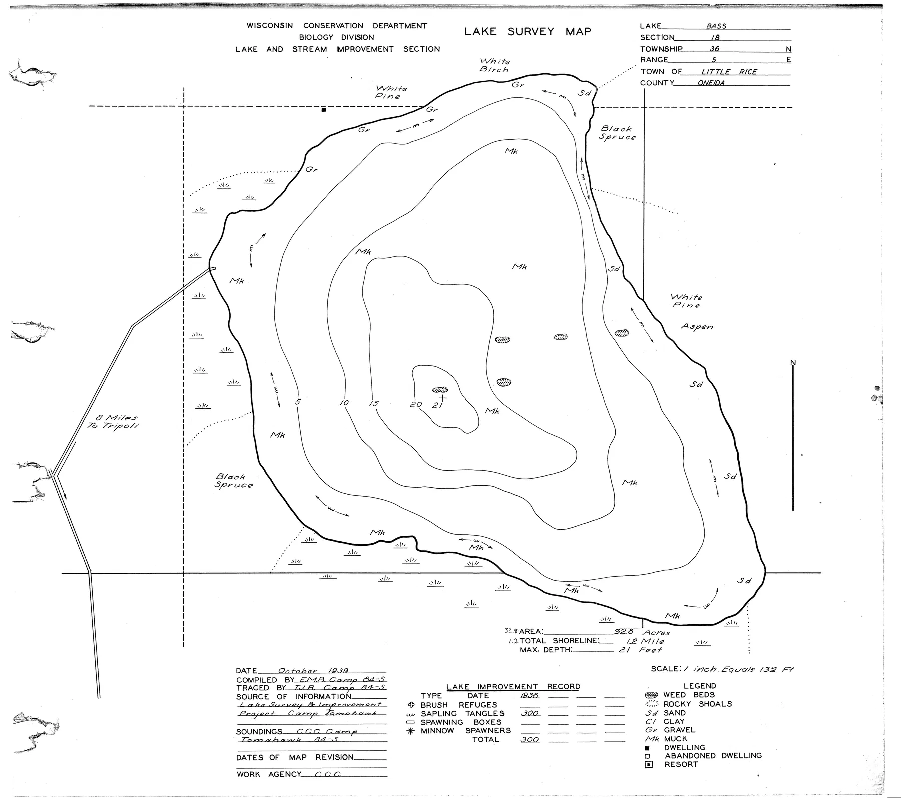 Bass Lake historical Wisconsin DNR depth map sheet 1