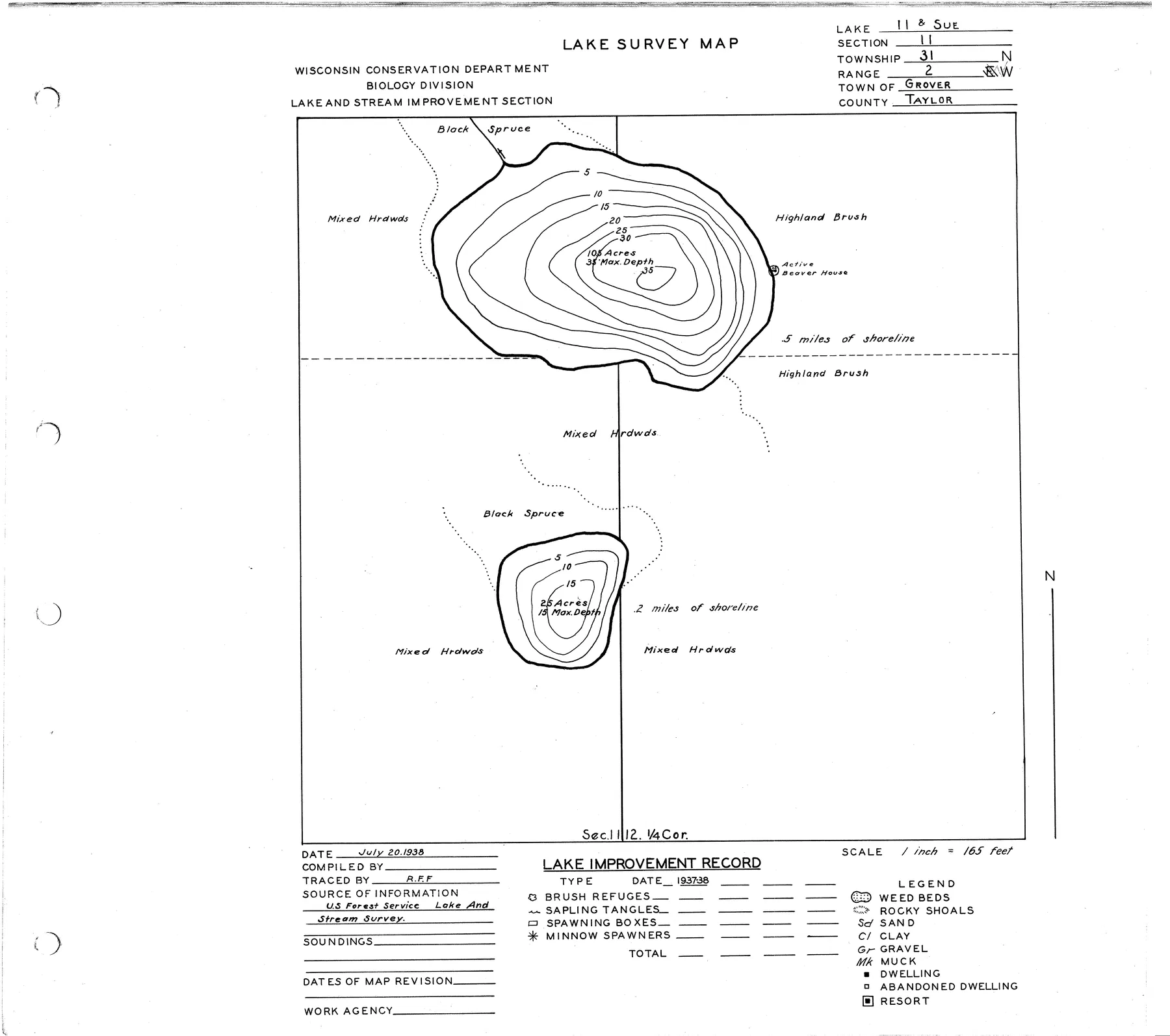 Sue Lake historical Wisconsin DNR depth map sheet 1