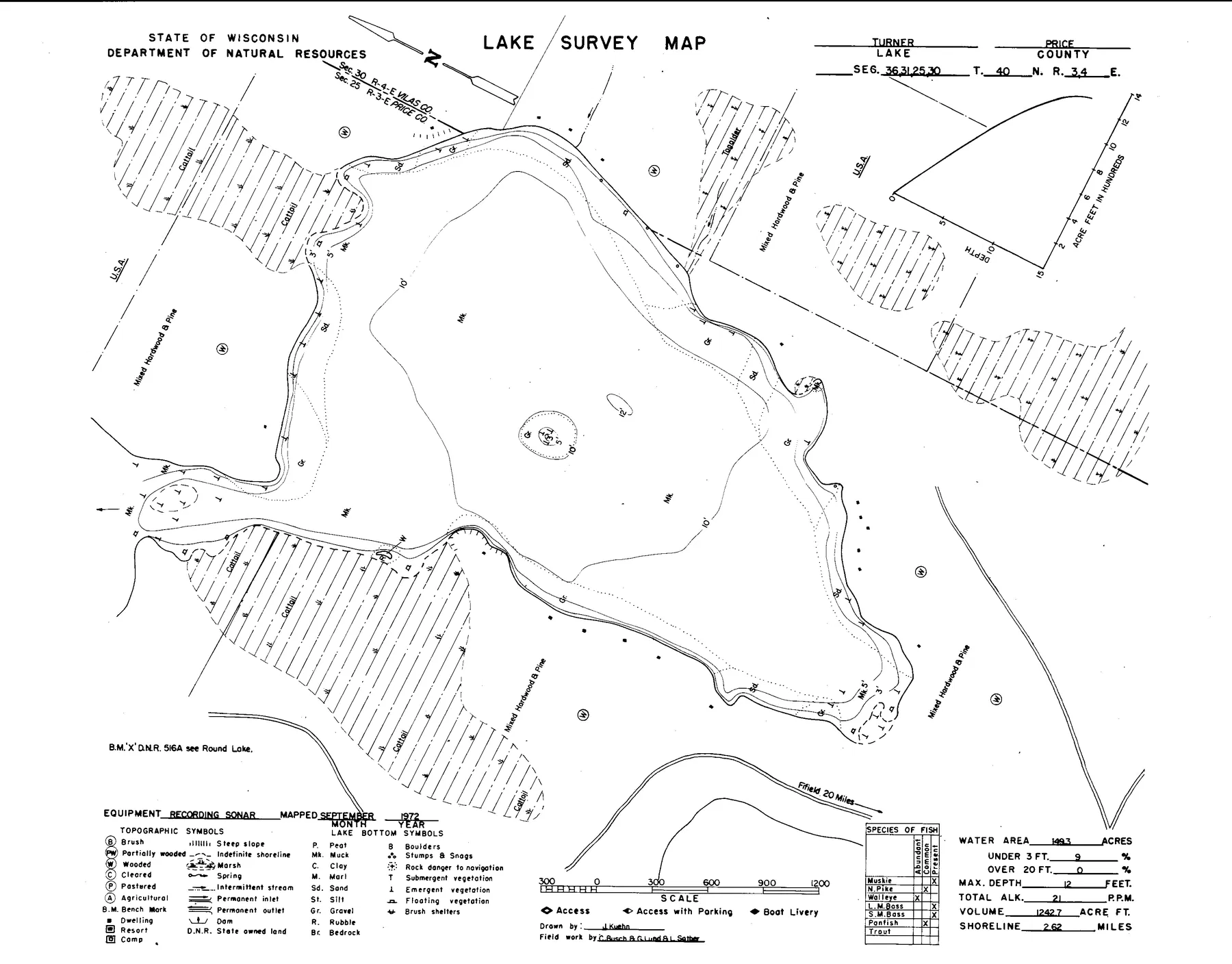 Turner Lake historical Wisconsin DNR depth map sheet 1