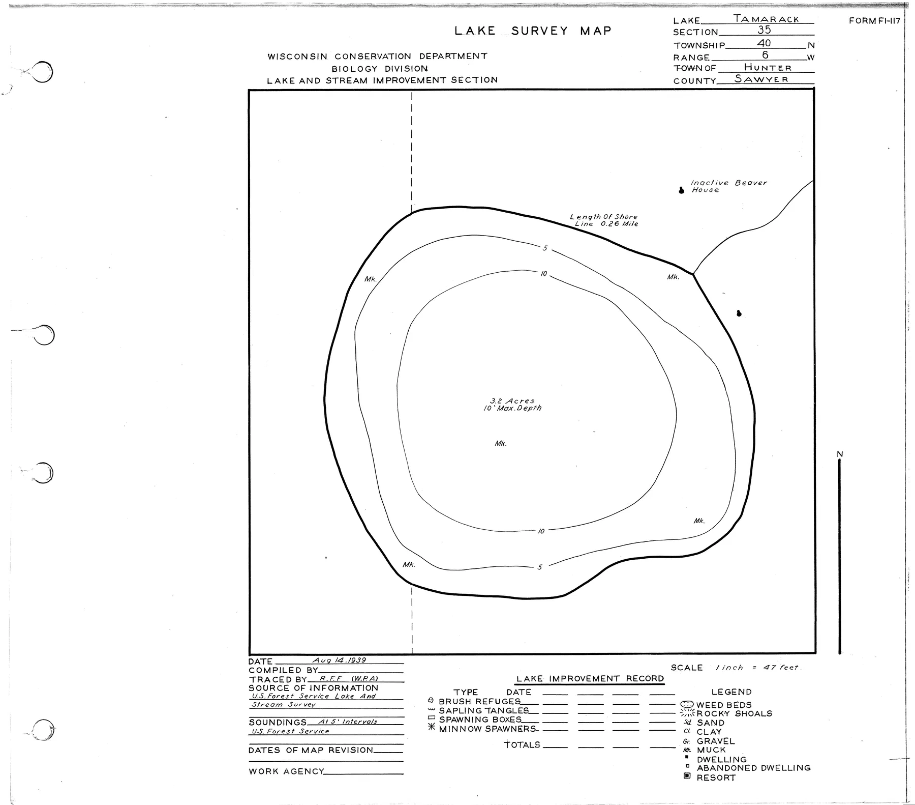 Tamarack Lake historical Wisconsin DNR depth map sheet 1
