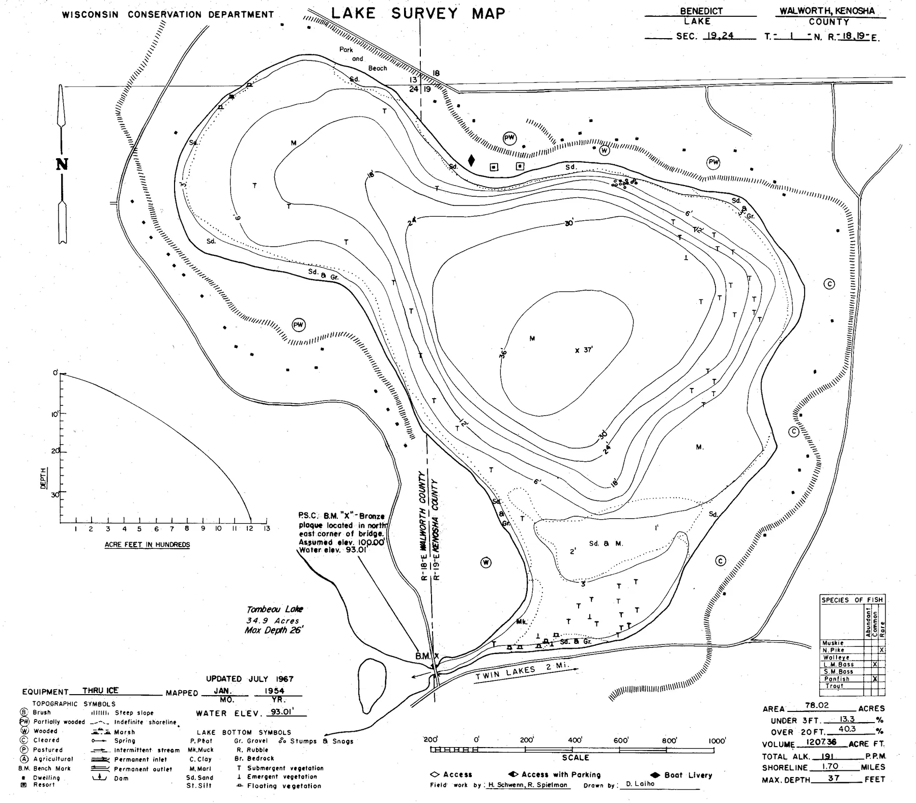 Benedict Lake historical Wisconsin DNR depth map sheet 1
