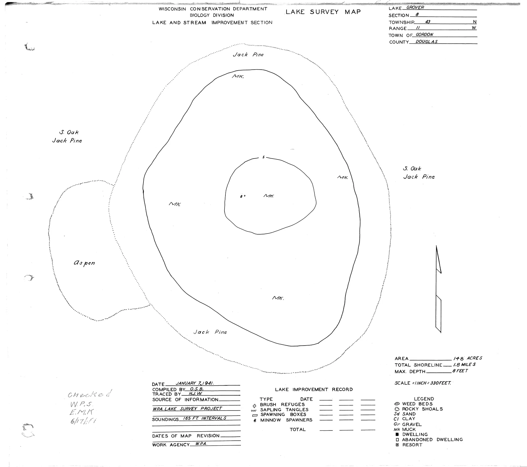 Grover Lake historical Wisconsin DNR depth map sheet 1
