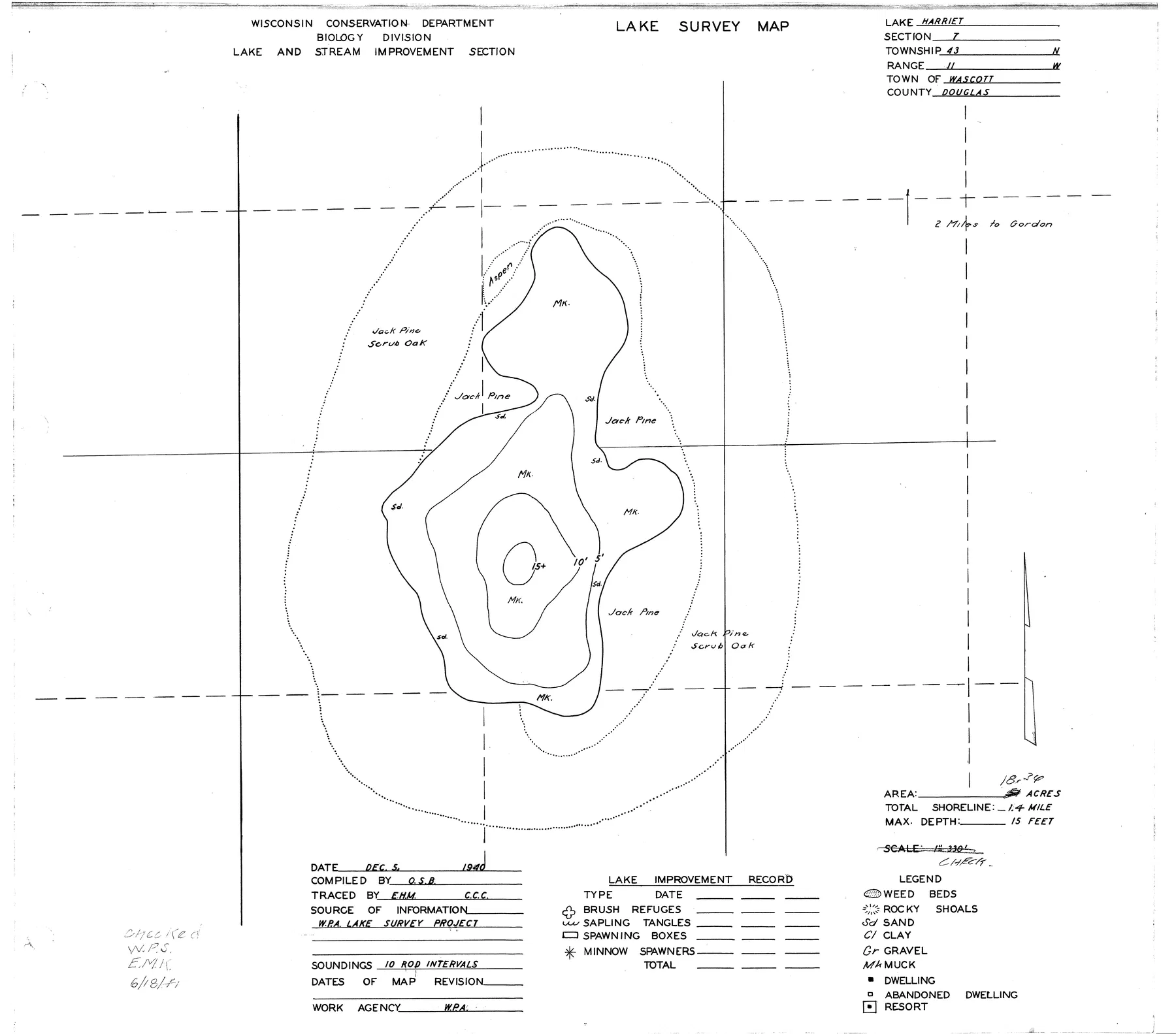 Harriet Lake historical Wisconsin DNR depth map sheet 1
