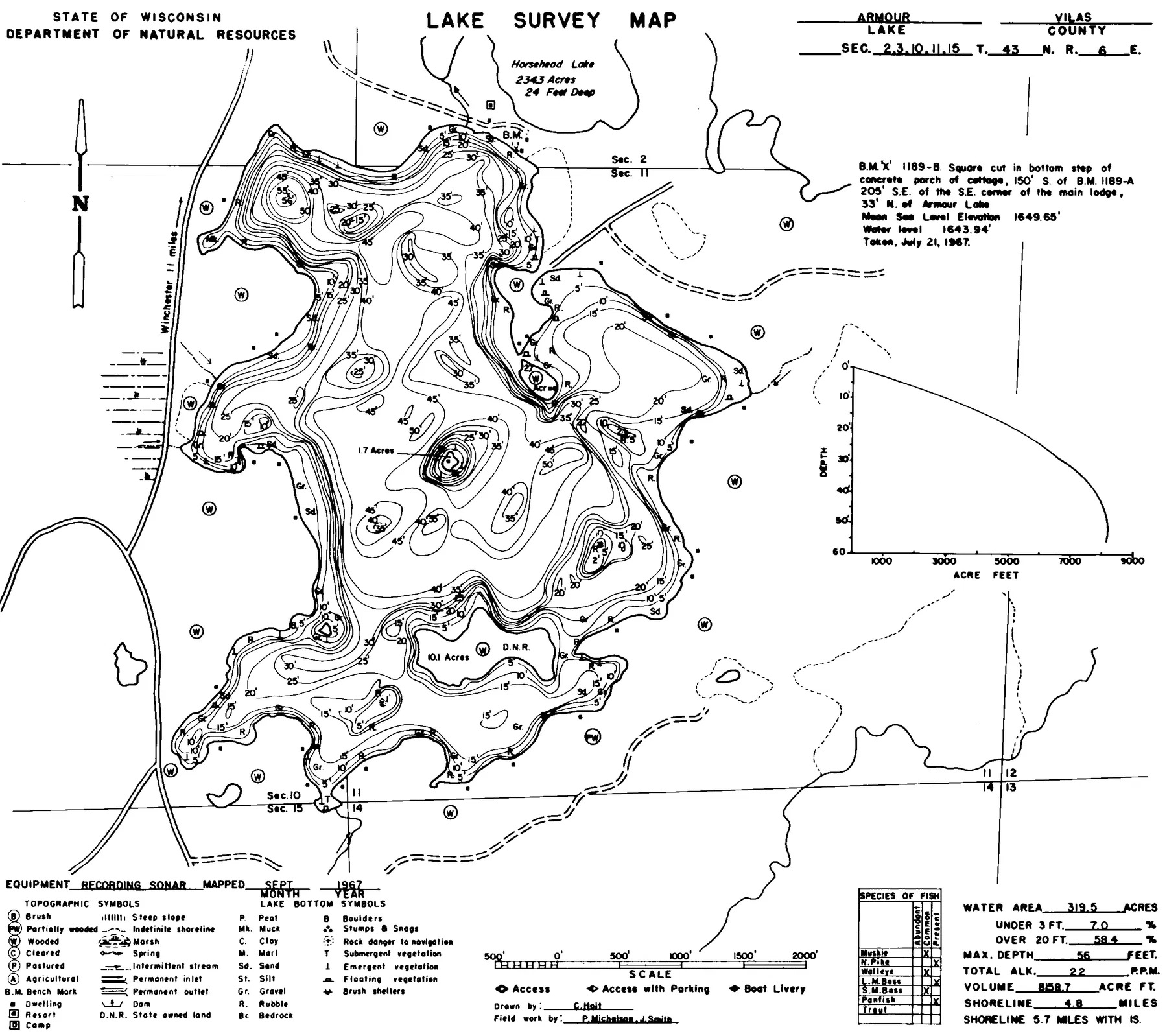 Armour Lake historical Wisconsin DNR depth map sheet 1