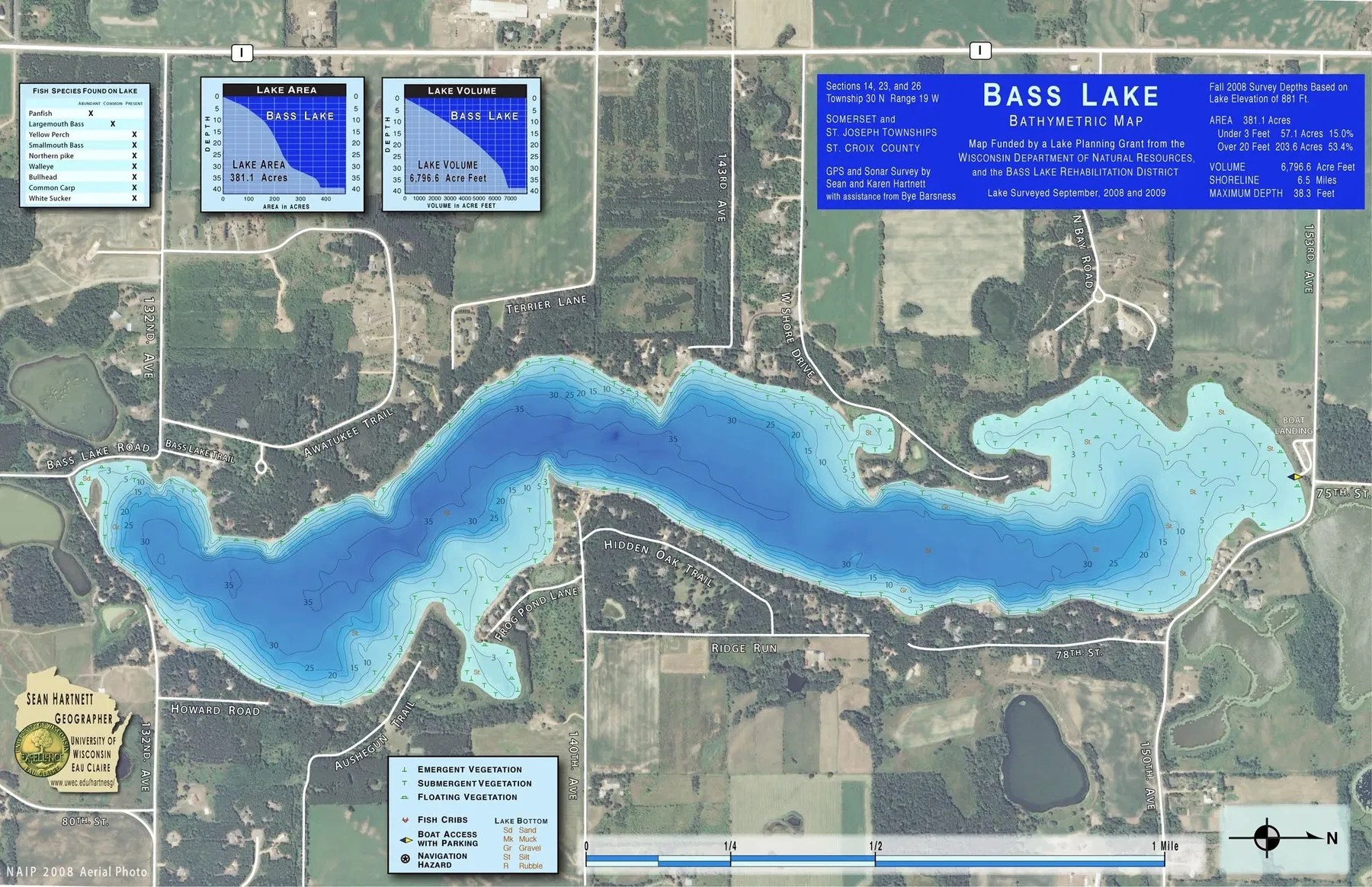 Bass Lake historical Wisconsin DNR depth map sheet 1