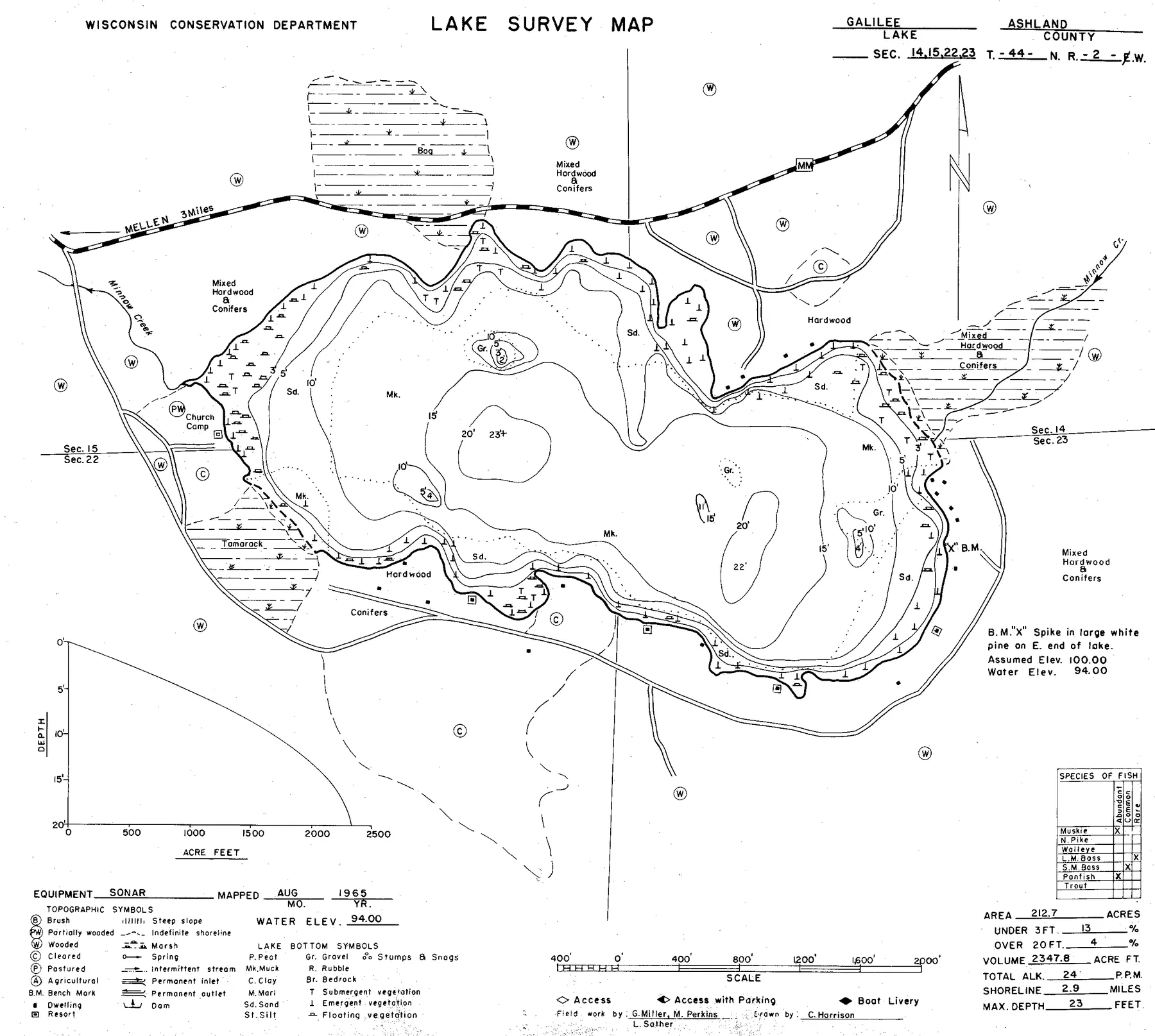 Lake Galilee historical Wisconsin DNR depth map sheet 1