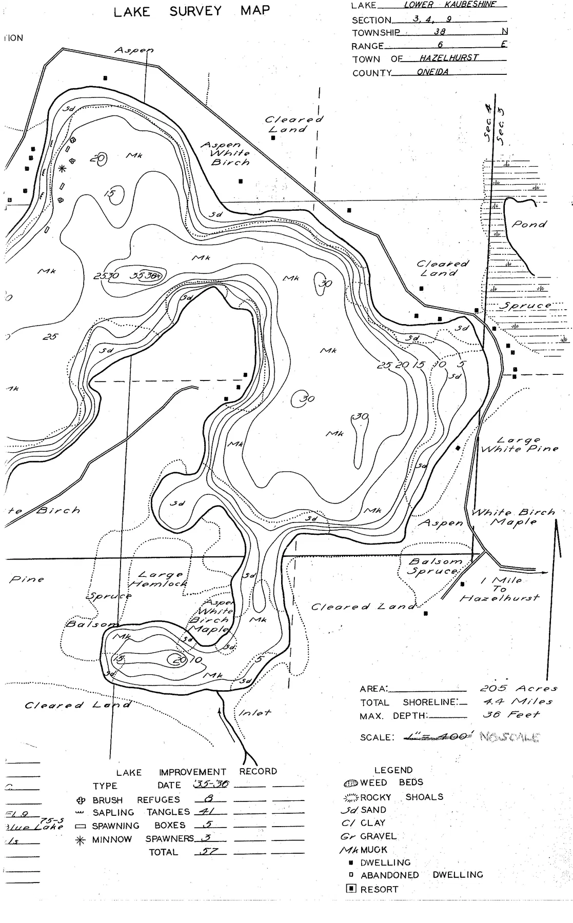 Lower Kaubashine Lake historical Wisconsin DNR depth map sheet 1