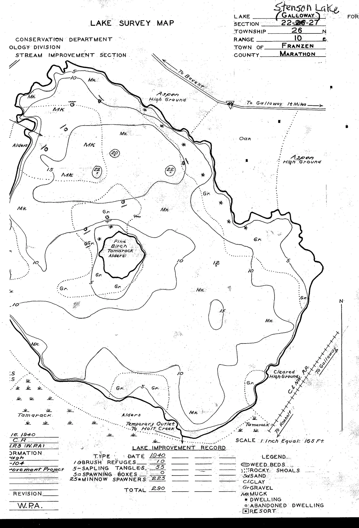 Stenson Lake historical Wisconsin DNR depth map sheet 1