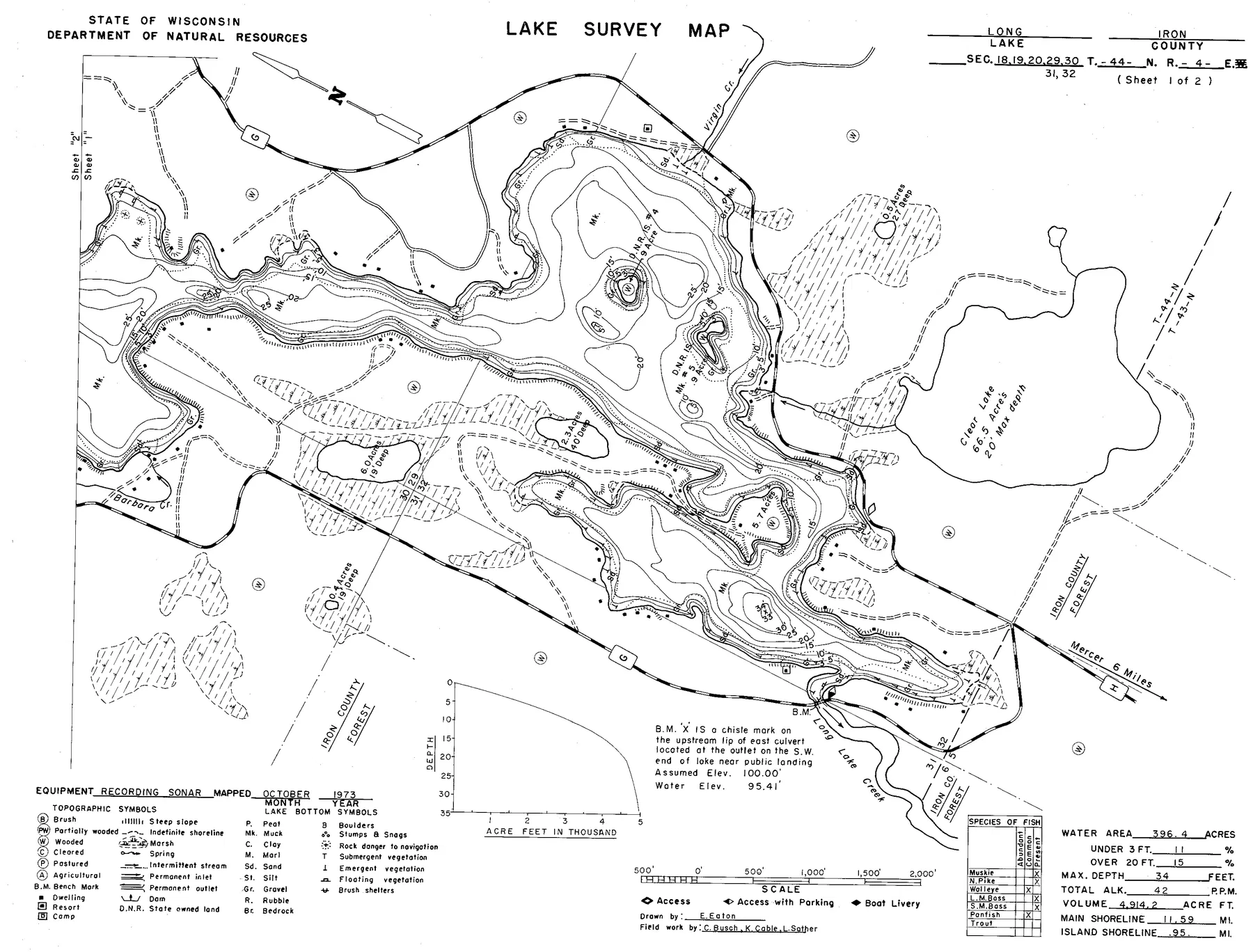 Long Lake historical Wisconsin DNR depth map sheet 1