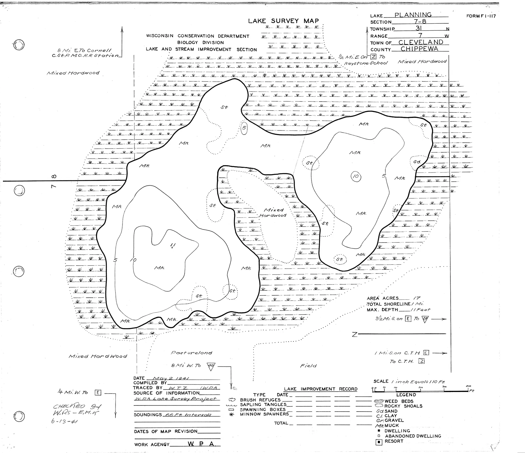 Planning Lake historical Wisconsin DNR depth map sheet 1