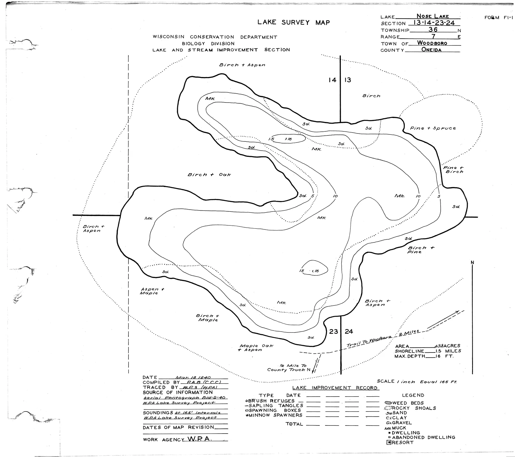 Nose Lake historical Wisconsin DNR depth map sheet 1