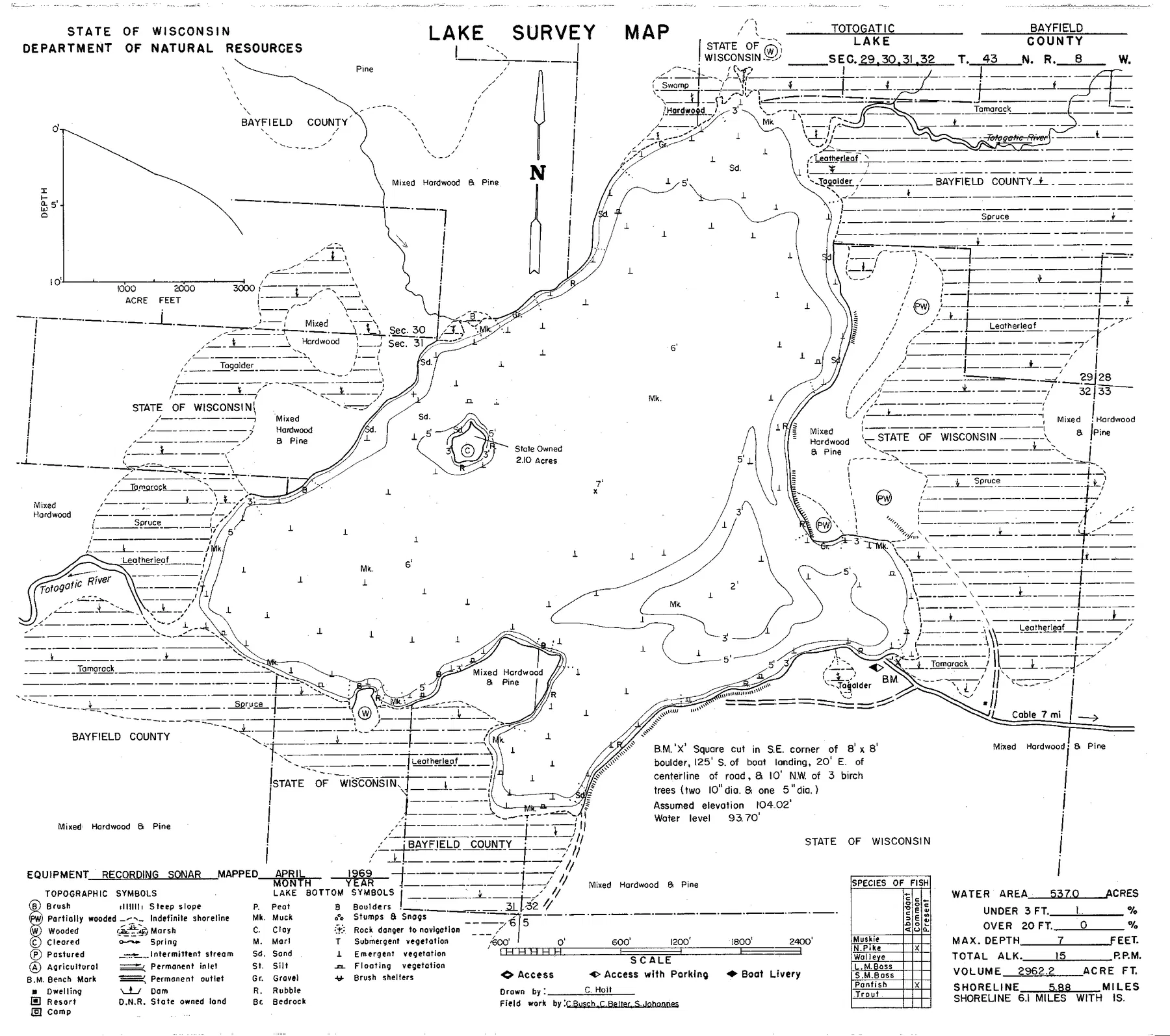 Totagatic Lake historical Wisconsin DNR depth map sheet 1