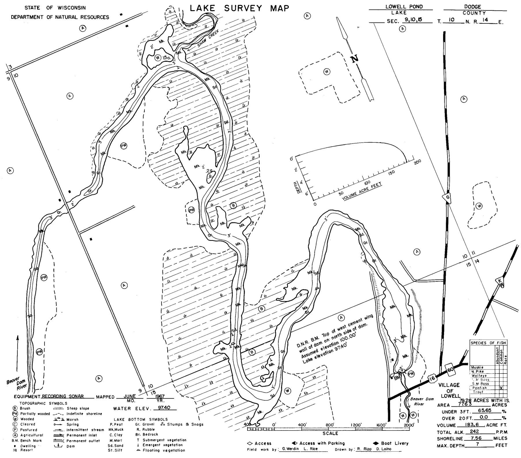 Lowell Millpond historical Wisconsin DNR depth map sheet 1
