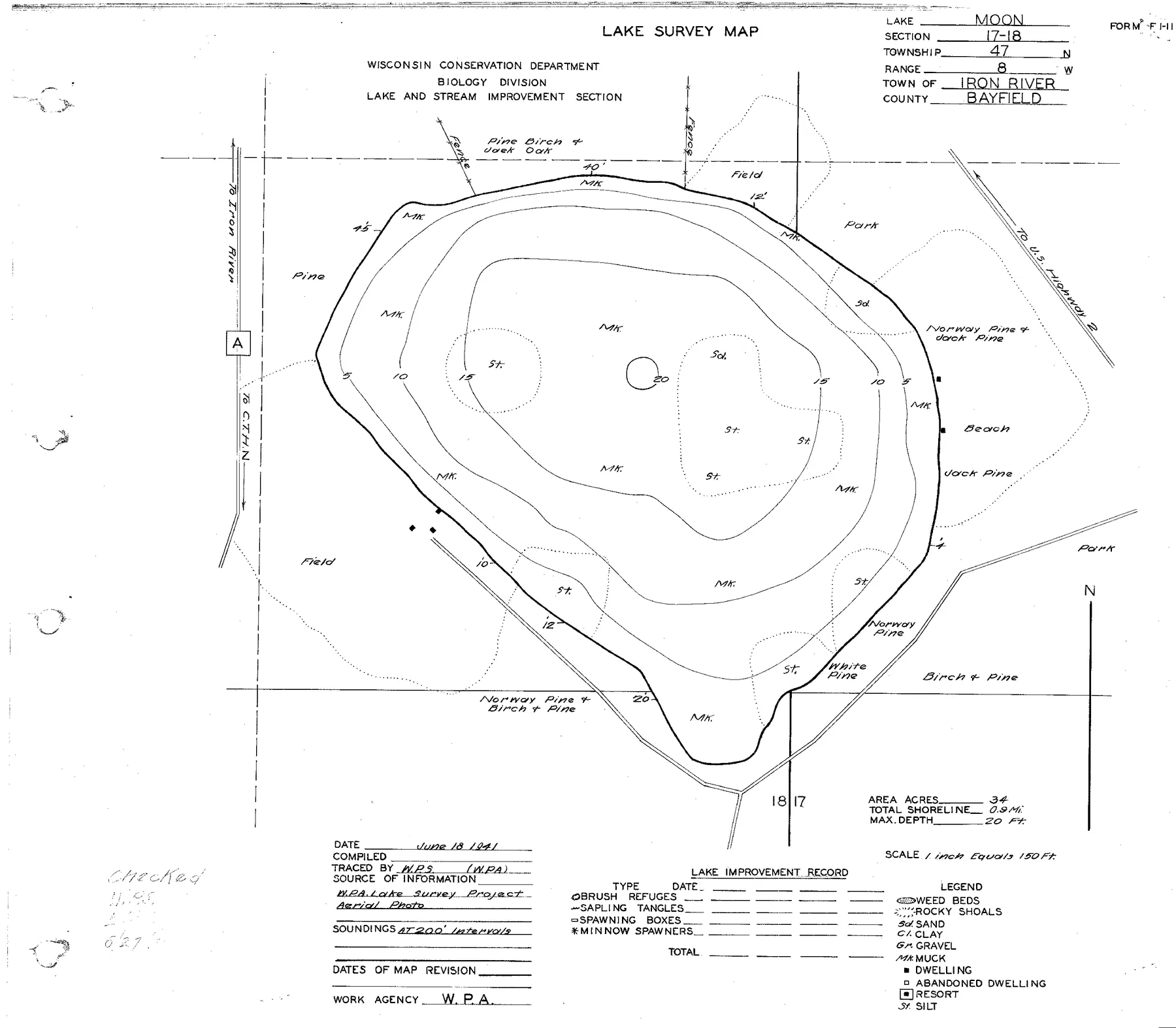 Moon Lake historical Wisconsin DNR depth map sheet 1