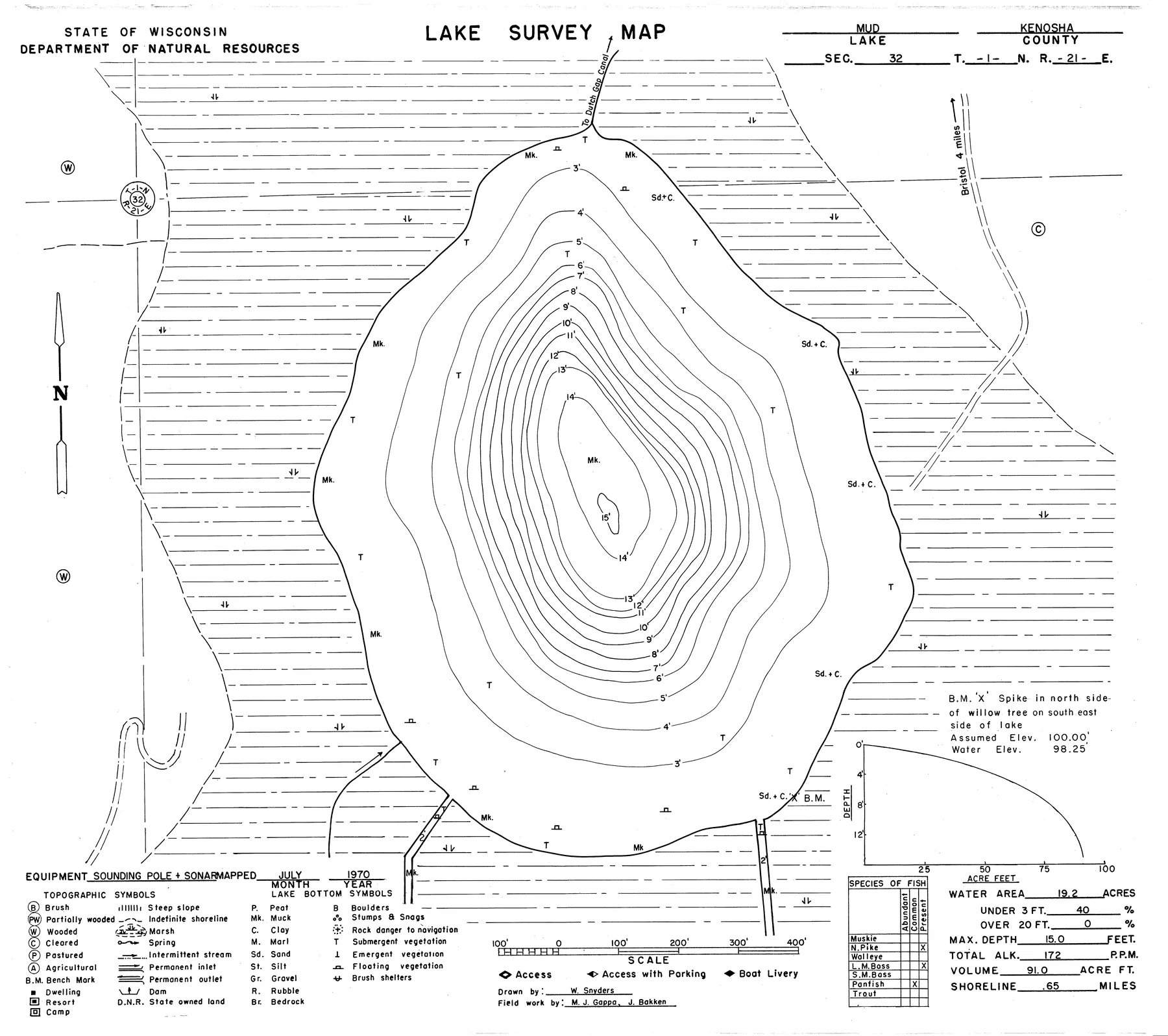Mud Lake historical Wisconsin DNR depth map sheet 1