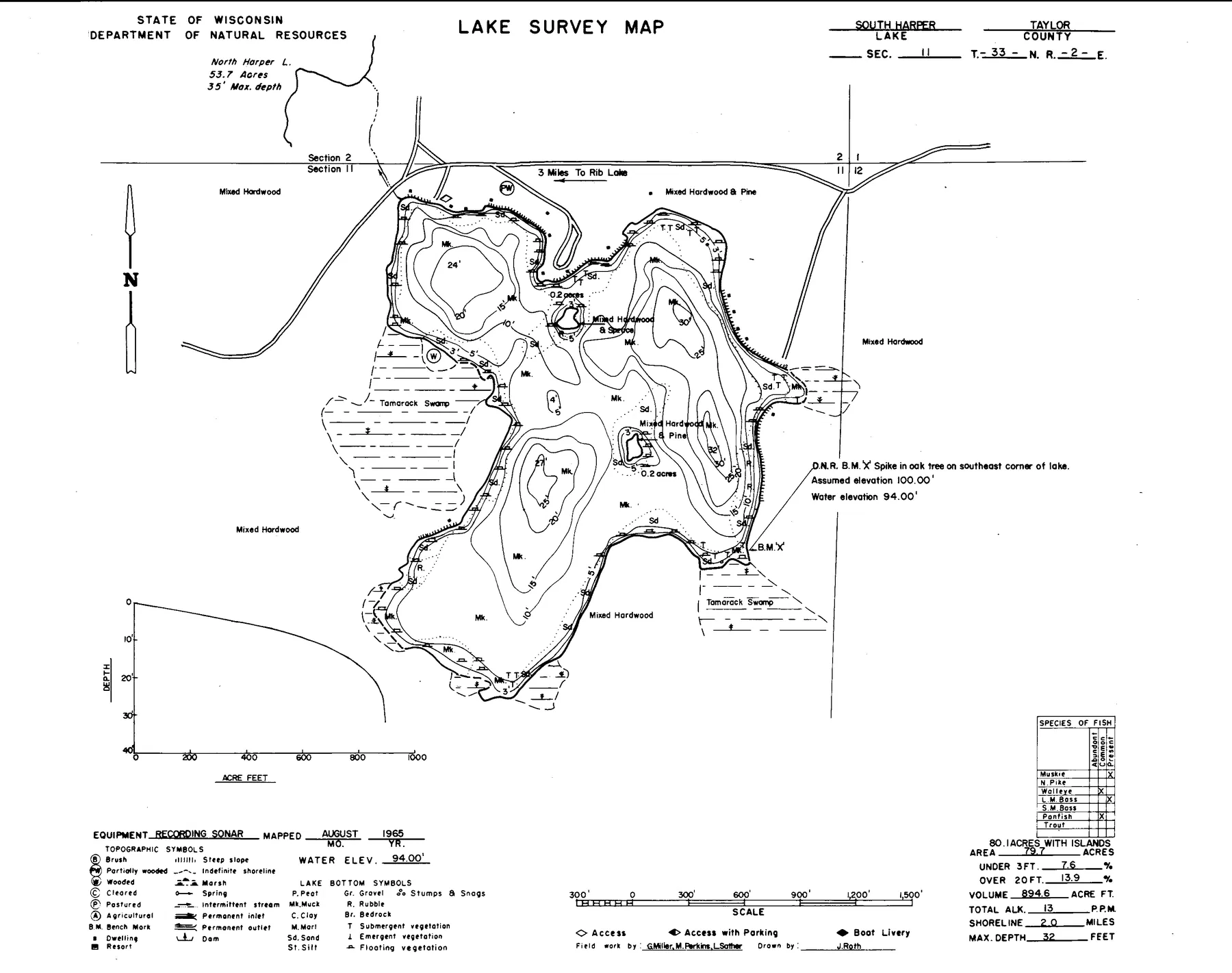 South Harper Lake historical Wisconsin DNR depth map sheet 1