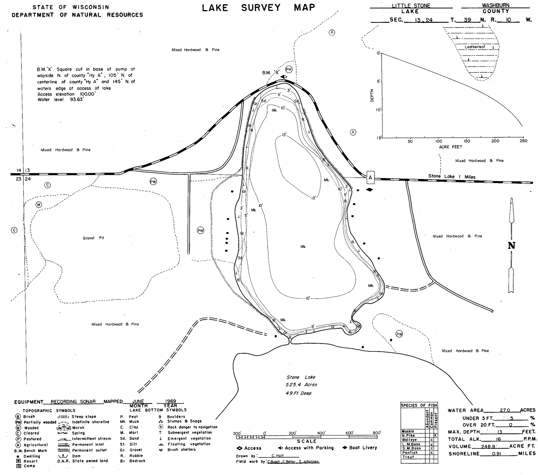 Little Stone Lake historical Wisconsin DNR depth map sheet 1
