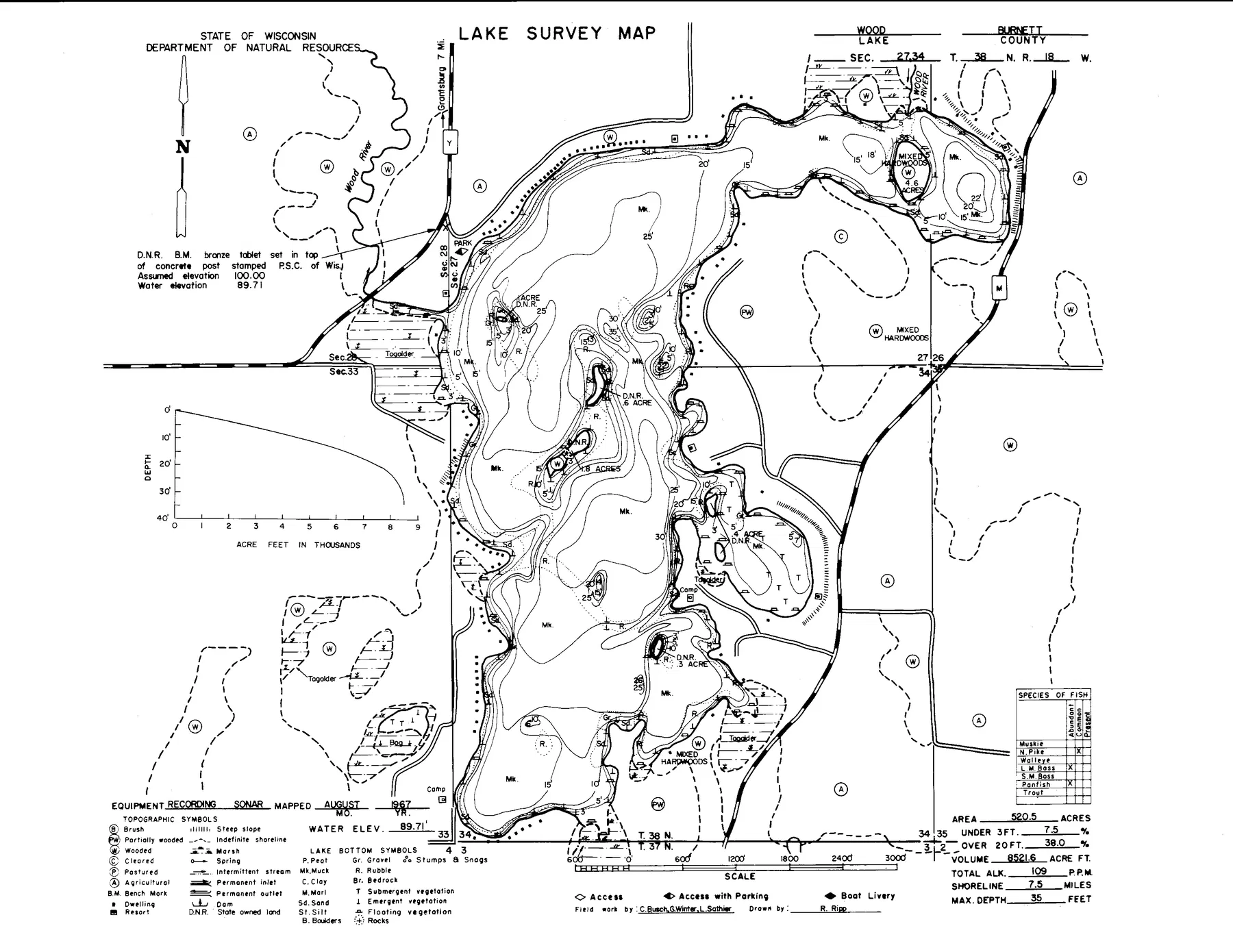 Wood Lake historical Wisconsin DNR depth map sheet 1