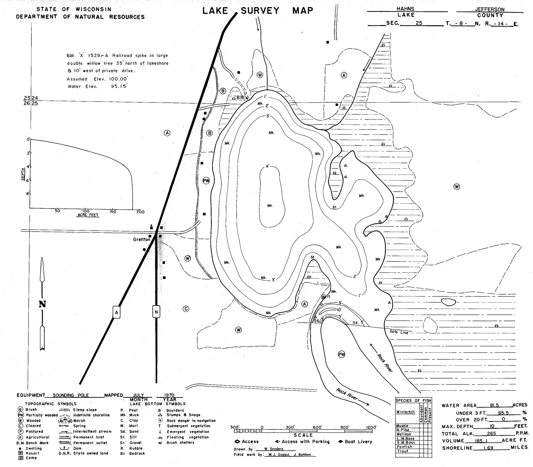 Hahns Lake historical Wisconsin DNR depth map sheet 1
