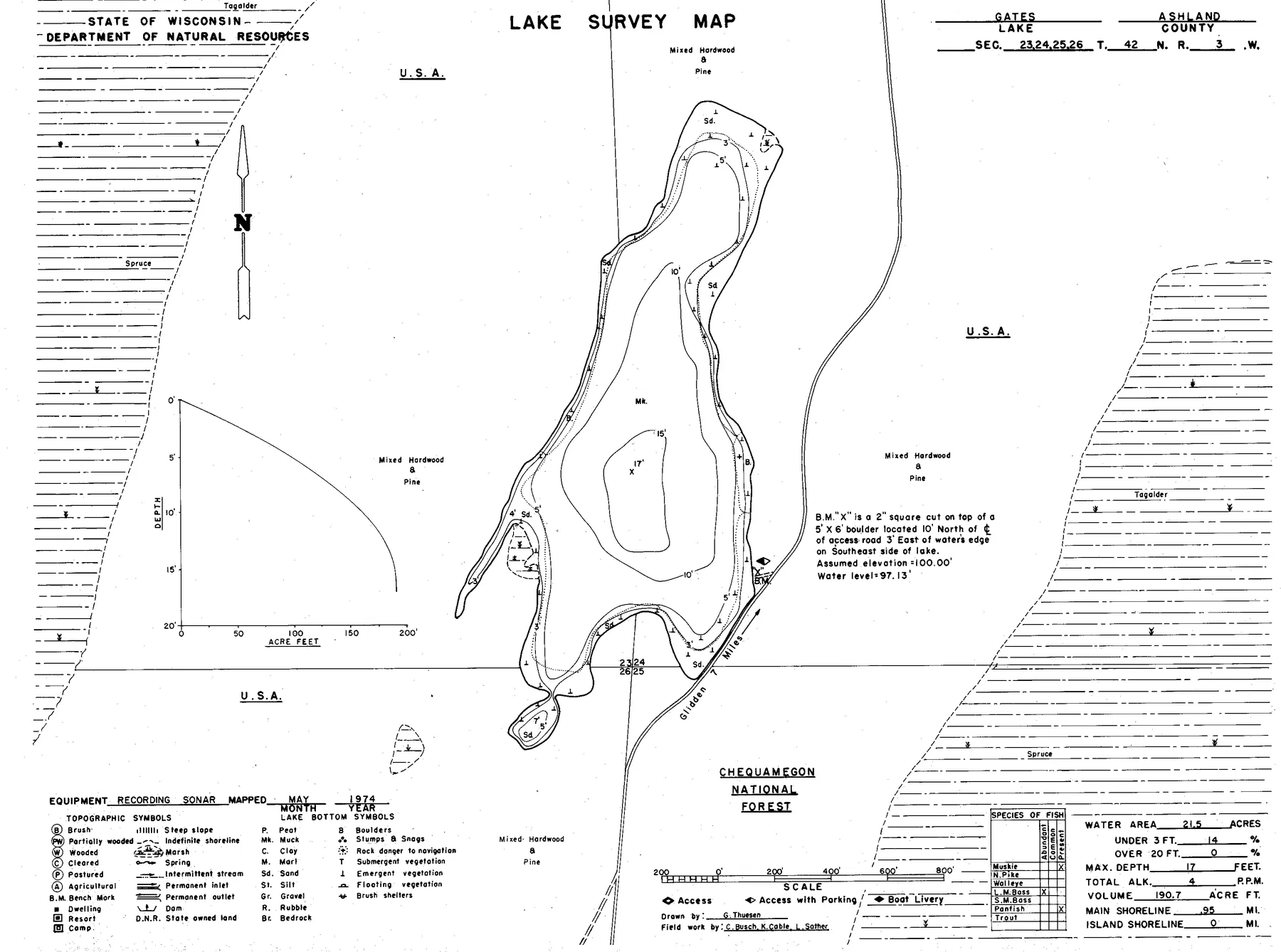Gates Lake historical Wisconsin DNR depth map sheet 1
